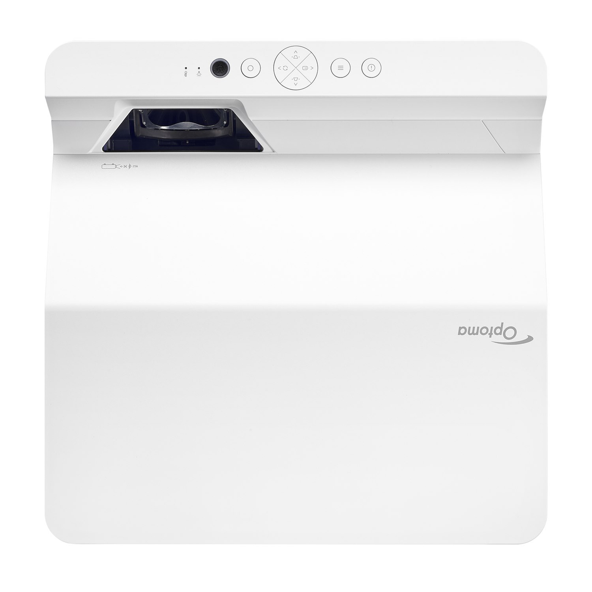 Biały projektor z przyciskami na górze i logo Optoma z przodu, na białym tle.