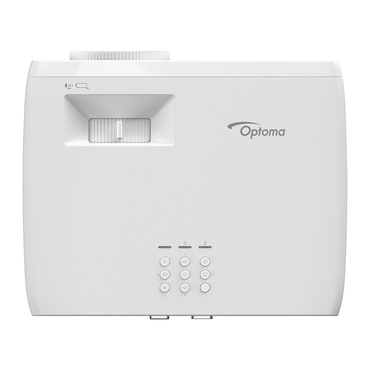 Biały projektor Optoma, widok z przodu, z przyciskami, logo i obiektywem.