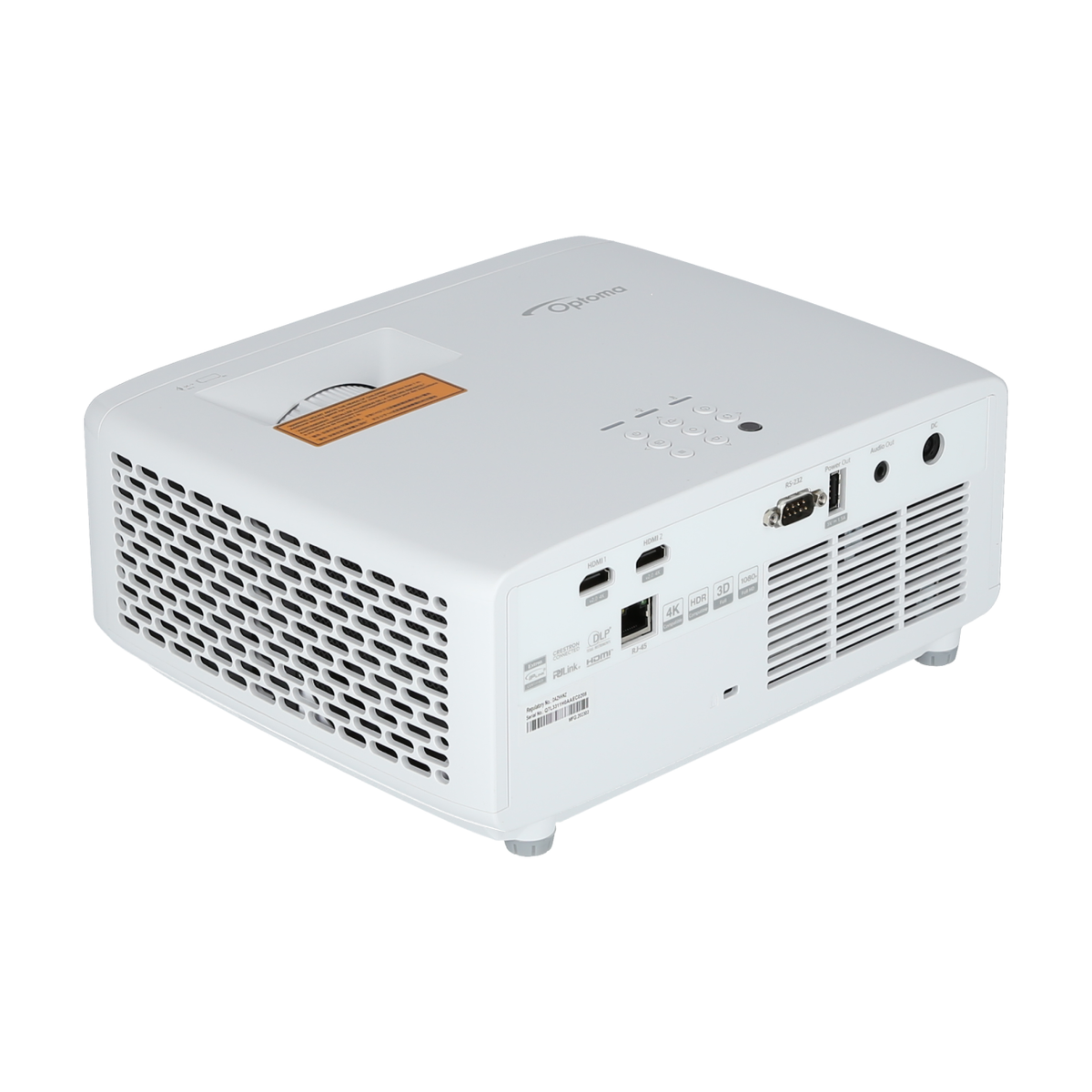 Biały projektor Optoma z wieloma portami i przyciskami, widok perspektywiczny.