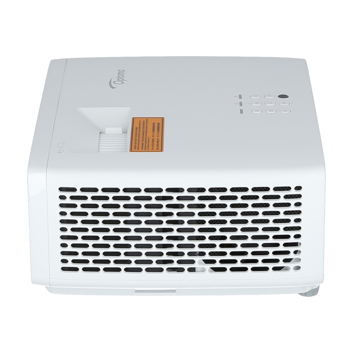 Widok z góry białego projektora Optoma z wentylacją i przyciskami sterowania.