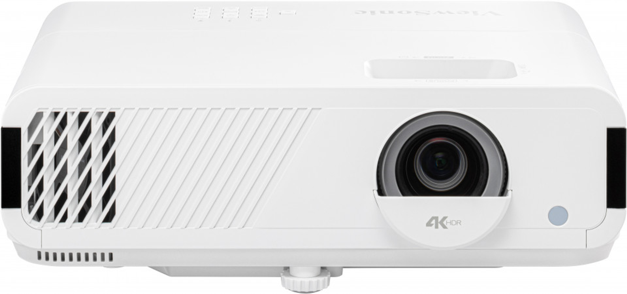 Biały projektor ViewSonic z obiektywem i przyciskami sterowania. Ma etykietę 4K HDR.