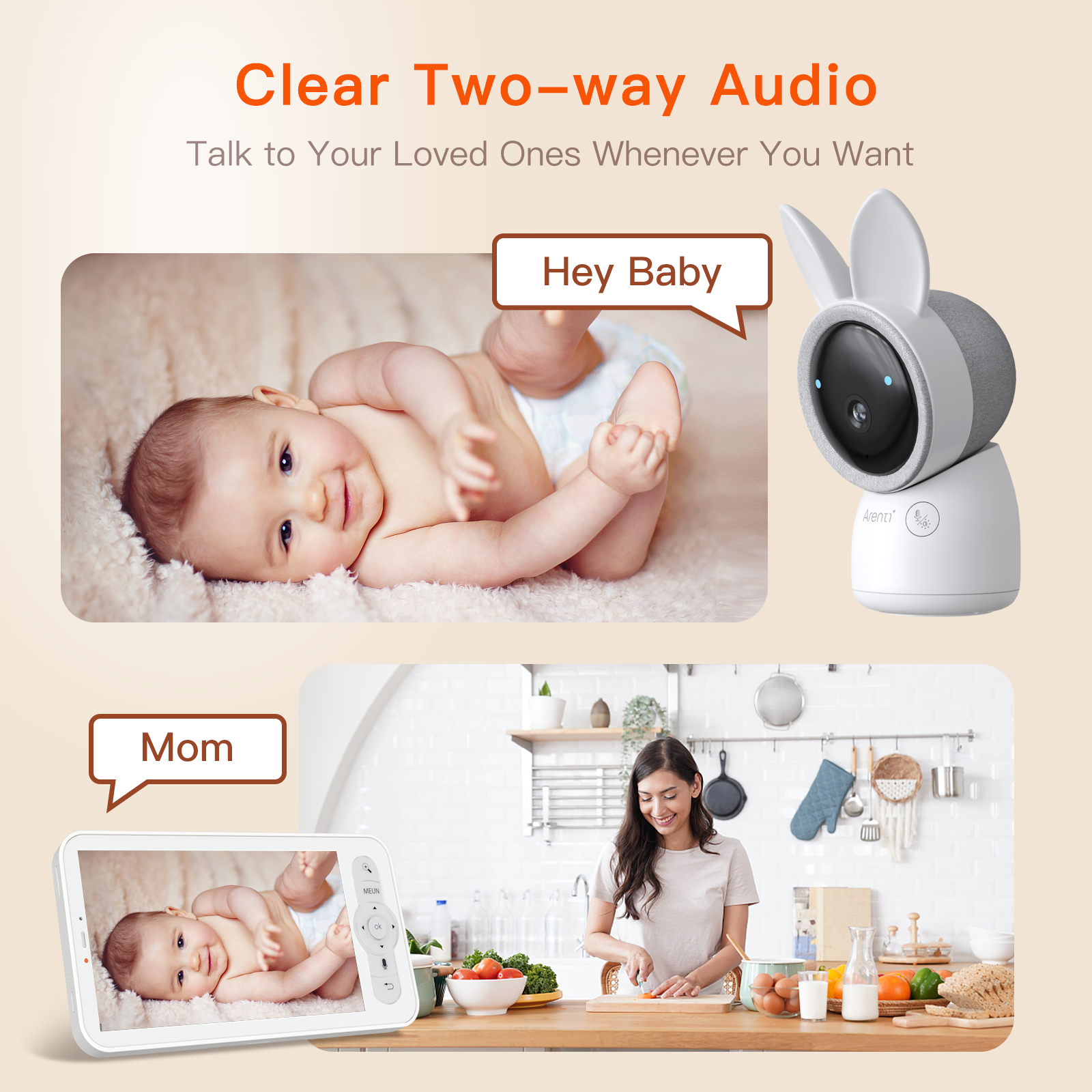 Ein Baby und eine Mutter benutzen einen Babyphone, um zu sprechen. Das Baby liegt im Bett, die Mutter schneidet Gemüse.