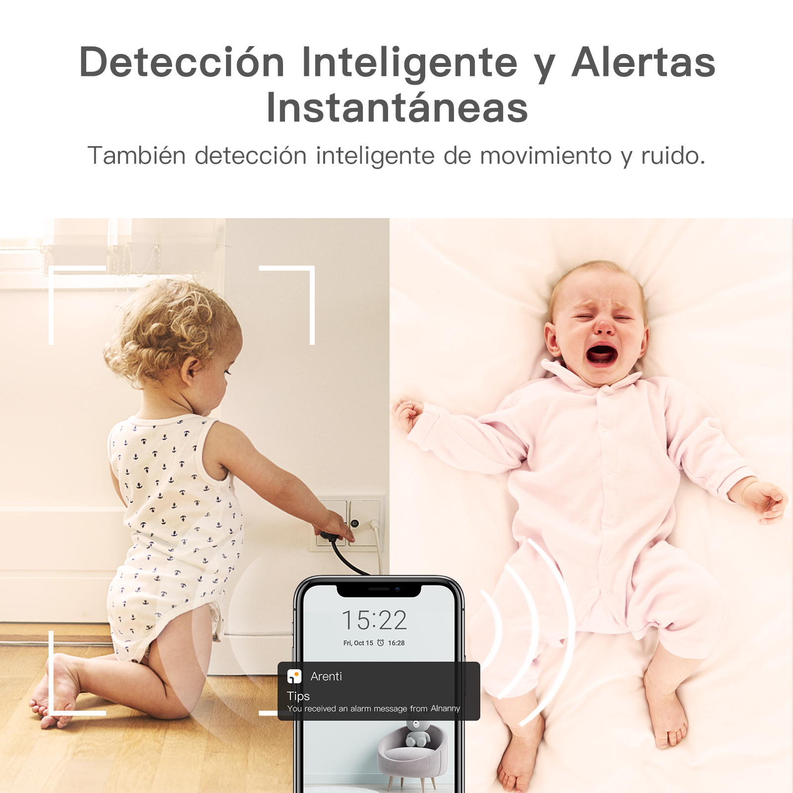 Ein Baby spielt mit einem Stecker, ein anderes Baby weint auf einem Bett. Ein Telefon zeigt Alarm: Alarm von Almarey.