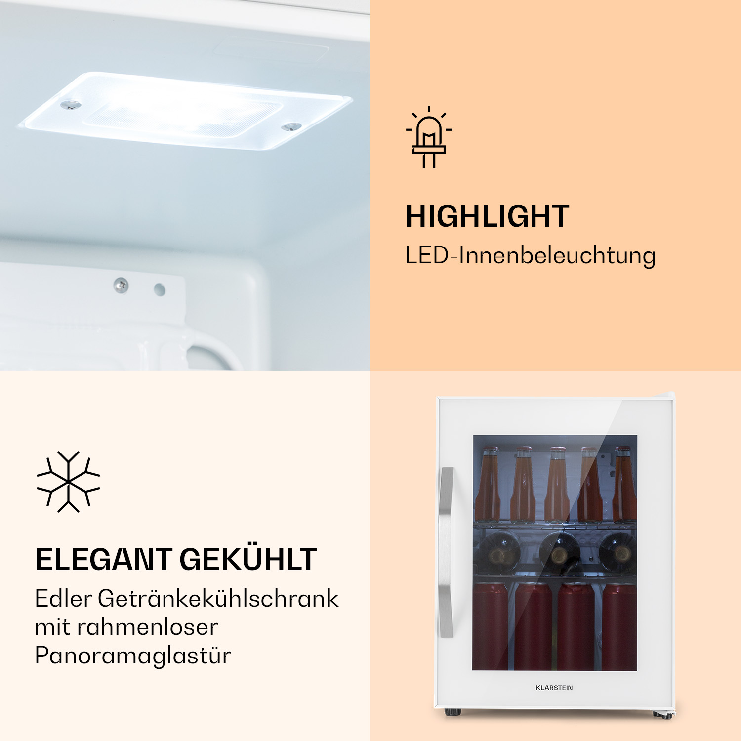 Primo piano di un mini-frigo con illuminazione a LED, evidenziando le sue caratteristiche con testi e icone.
