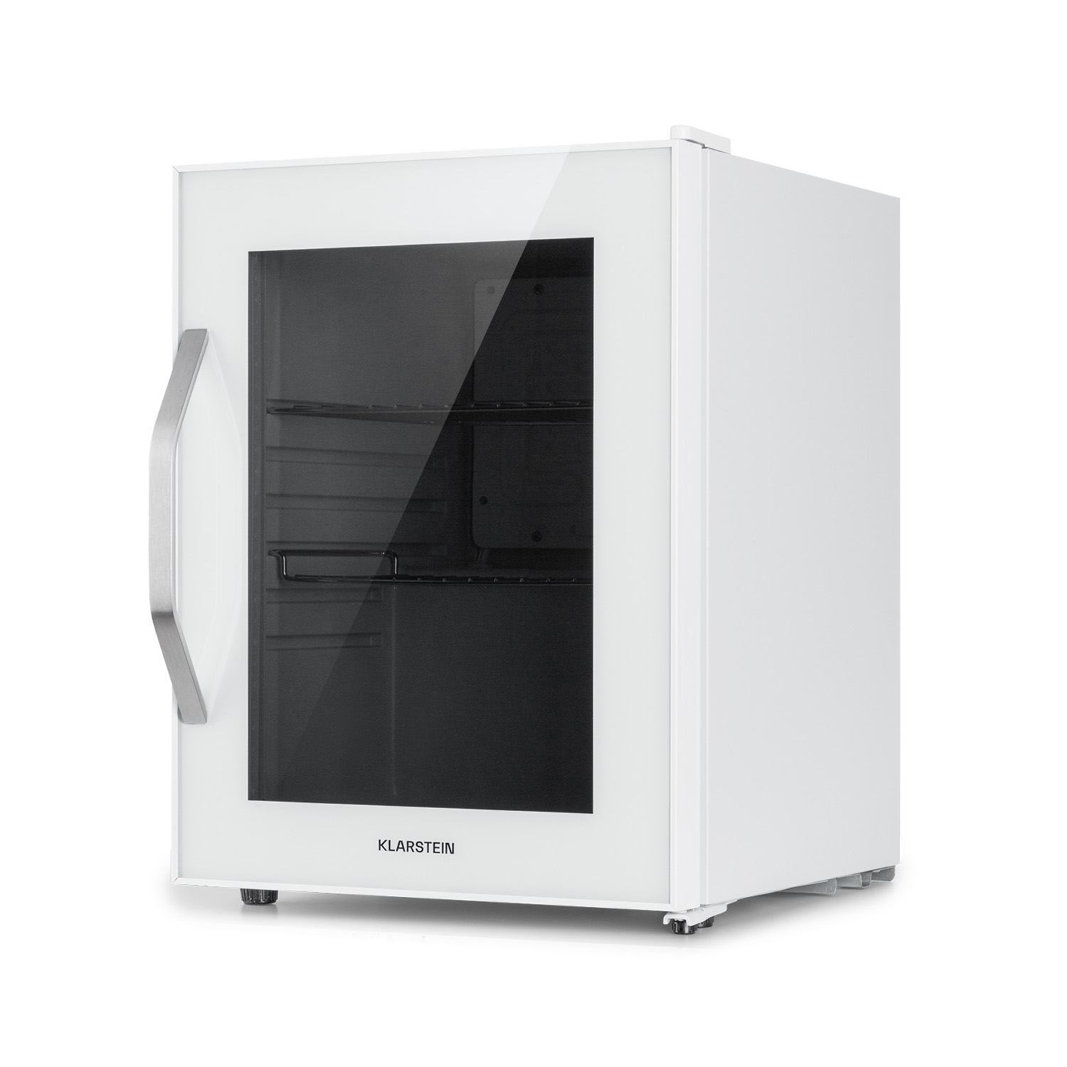 Mini frigo bianco con porta in vetro. Maniglia a sinistra. Logo Klarstein sulla porta.
