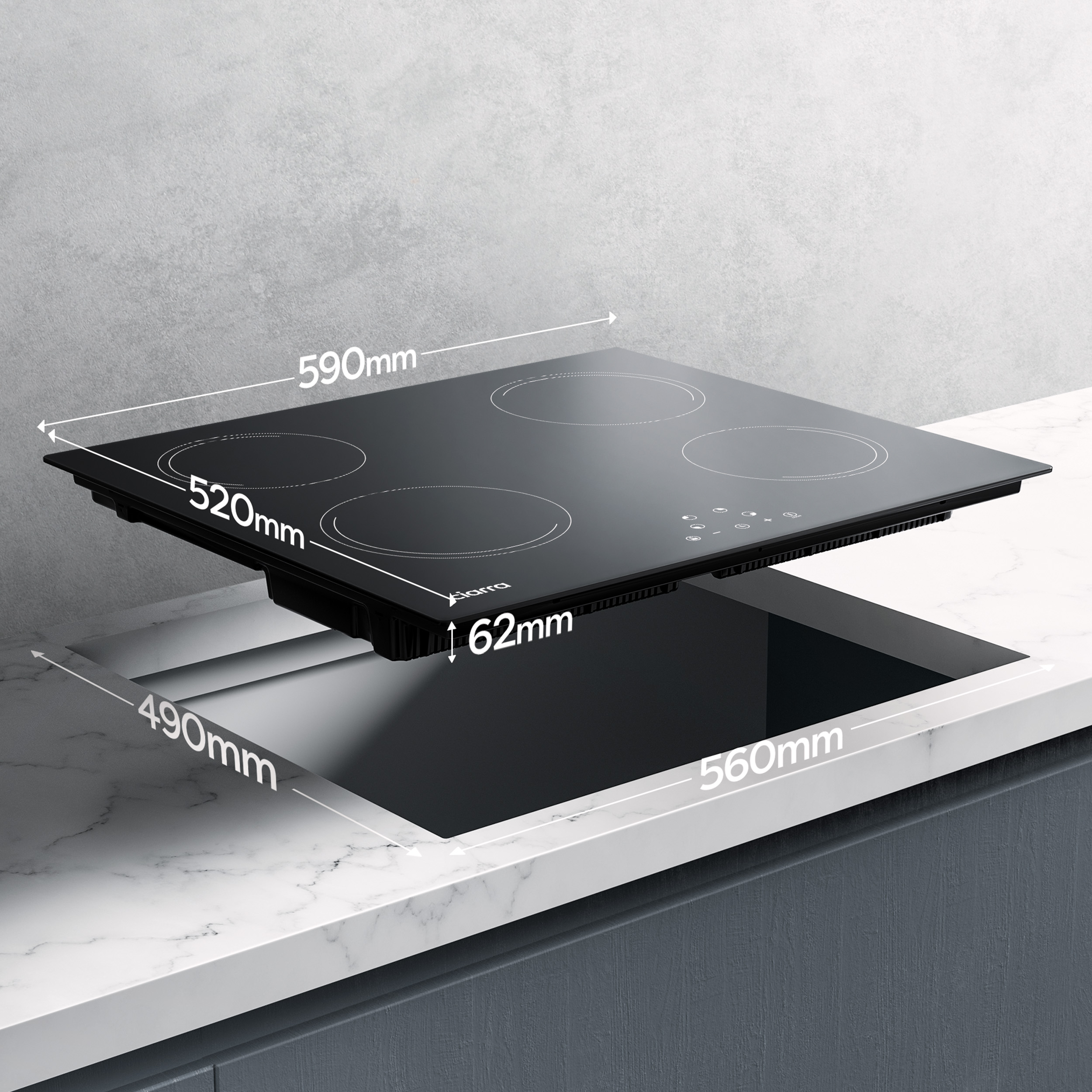 Placa de cocina negra con cuatro círculos, con dimensiones. Sobre encimera de mármol.