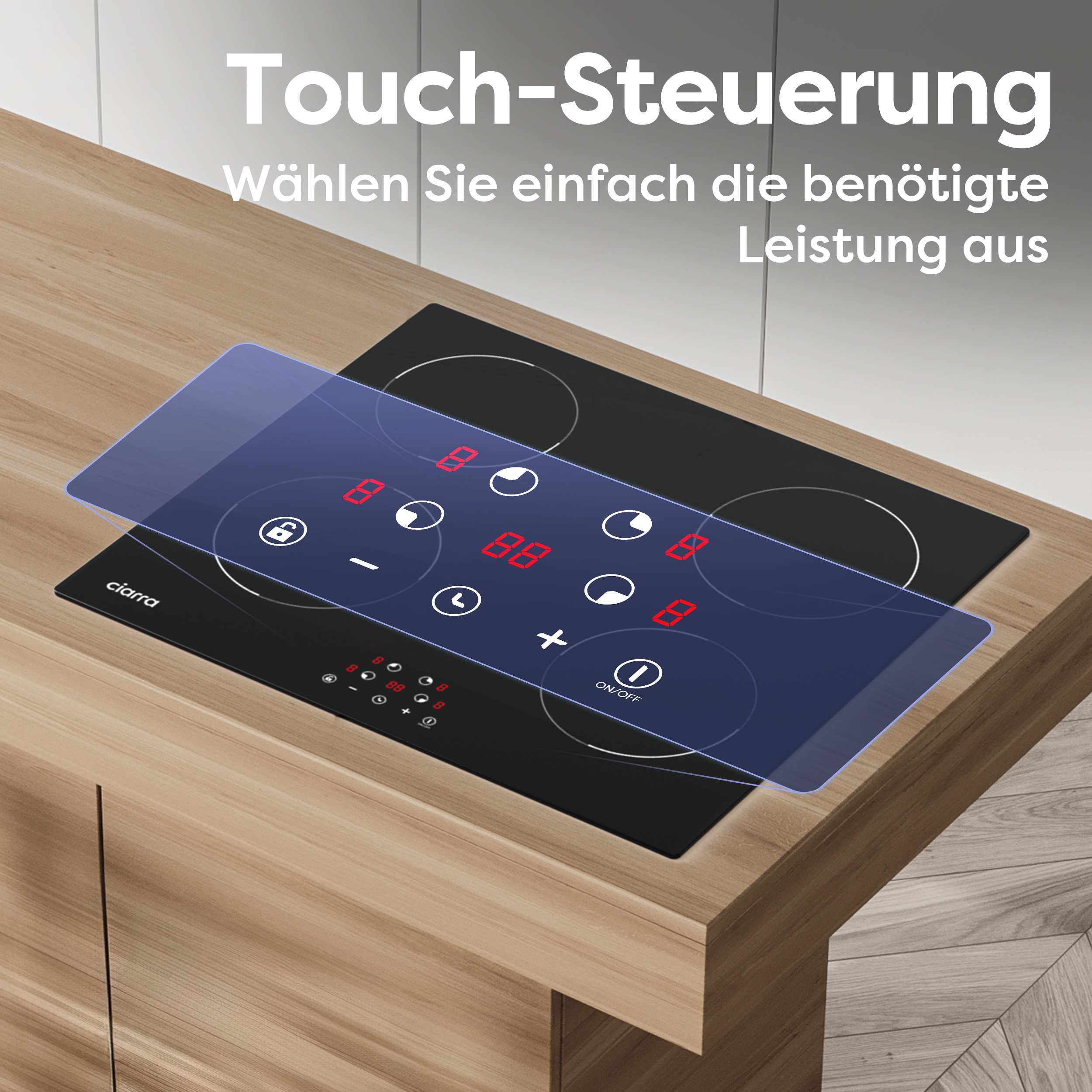 Ein Induktionskochfeld mit Touchscreen. Eine Hand interagiert mit dem Bedienfeld.