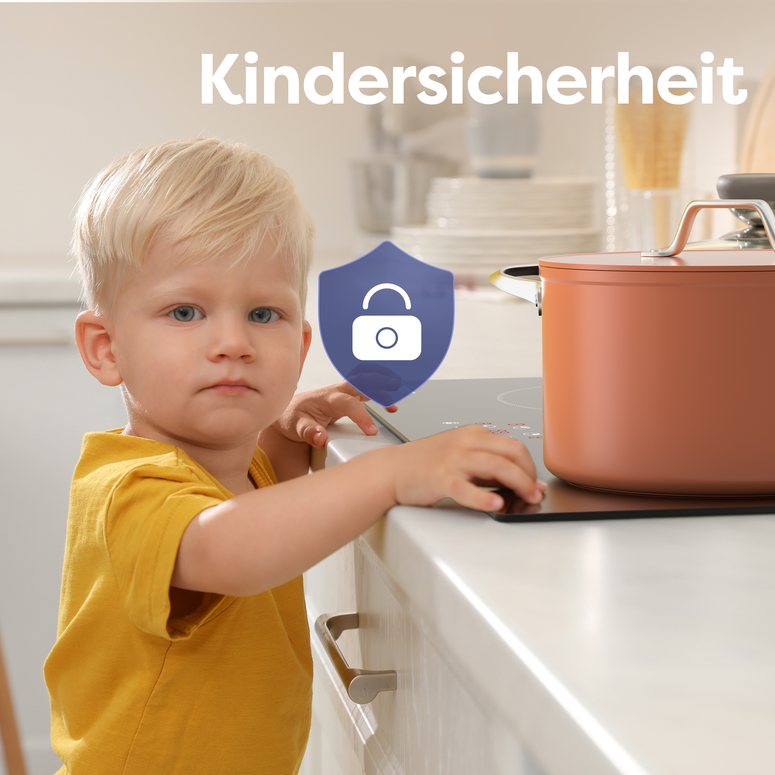 Ein Kind in der Nähe eines Herds, mit einem Sicherheitsverschluss-Symbol, das Kindersicherheit bewirbt.