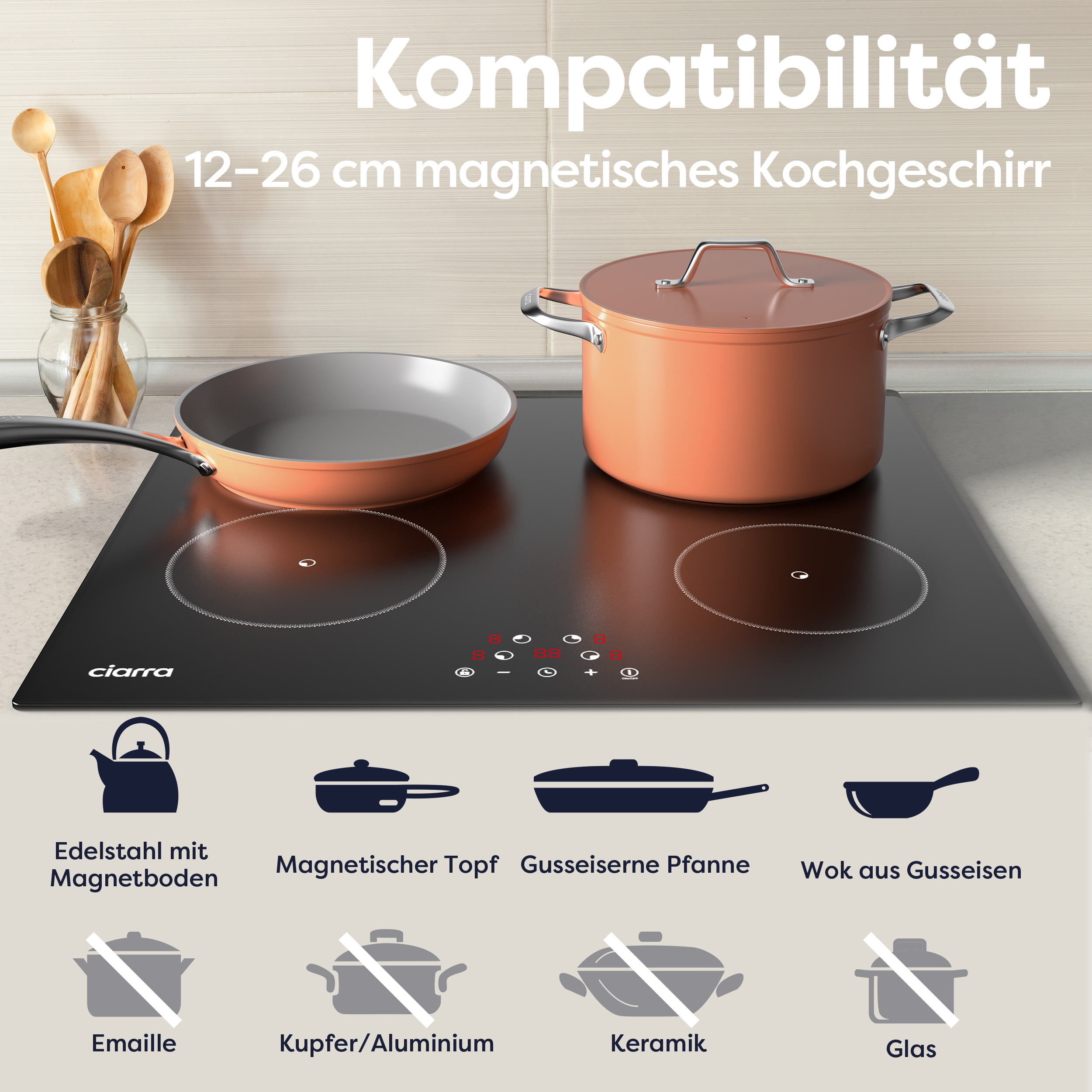 Schwarzes Induktionskochfeld mit orangefarbenem Topf und Pfanne. Verschiedene Töpfe und Pfannen sind abgebildet.