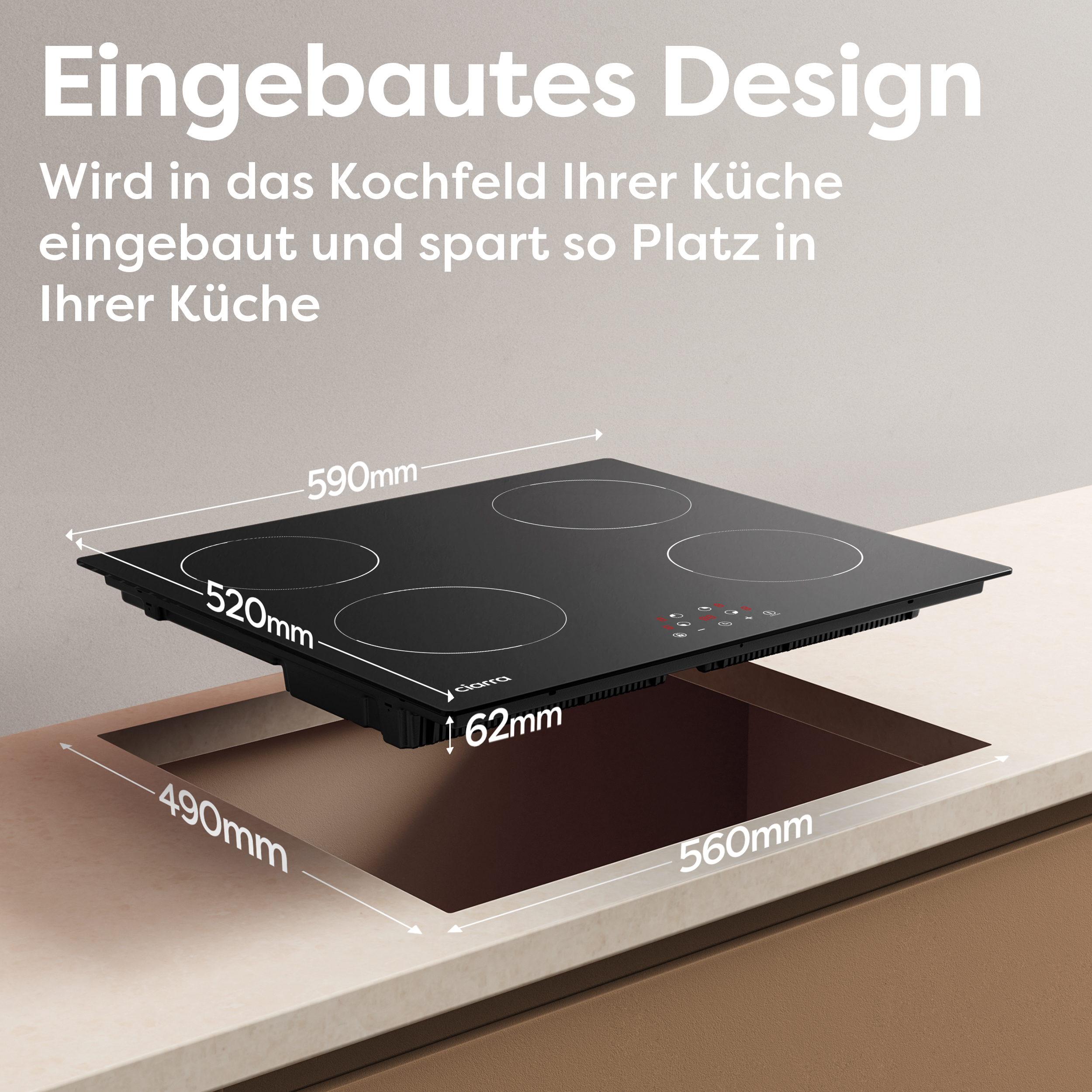 Ein eingebautes schwarzes Kochfeld mit Maßen. Es hat vier Brenner und ist in eine Arbeitsplatte eingelassen, Maße gezeigt.