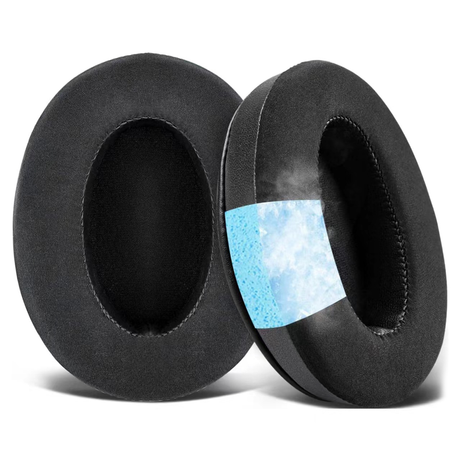 Zwei schwarze Ohrpolster mit blauem Mesh, die atmungsaktives Material für Kopfhörer zeigen.