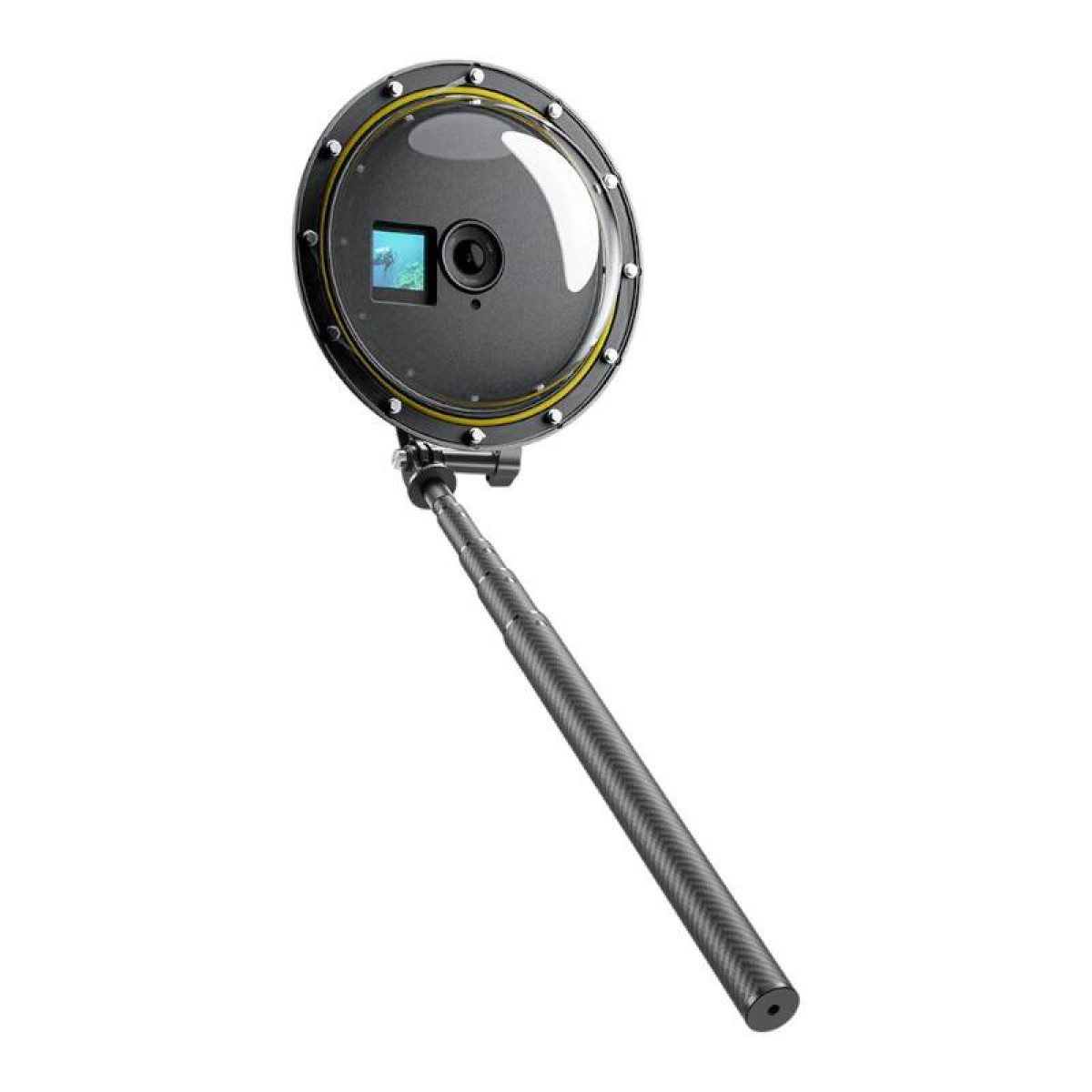 Een zwarte onderwatercamera met een koepellens wordt onder een hoek op een paal gehouden.