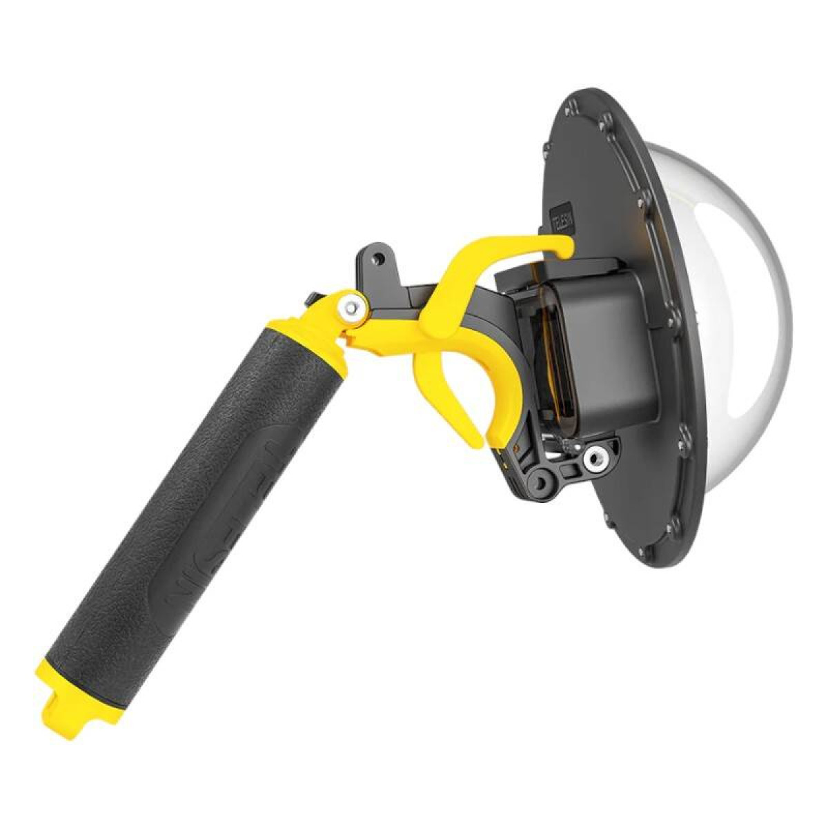 Geel en zwarte cameragrip met een heldere koepel. De grip heeft een zwarte grip.