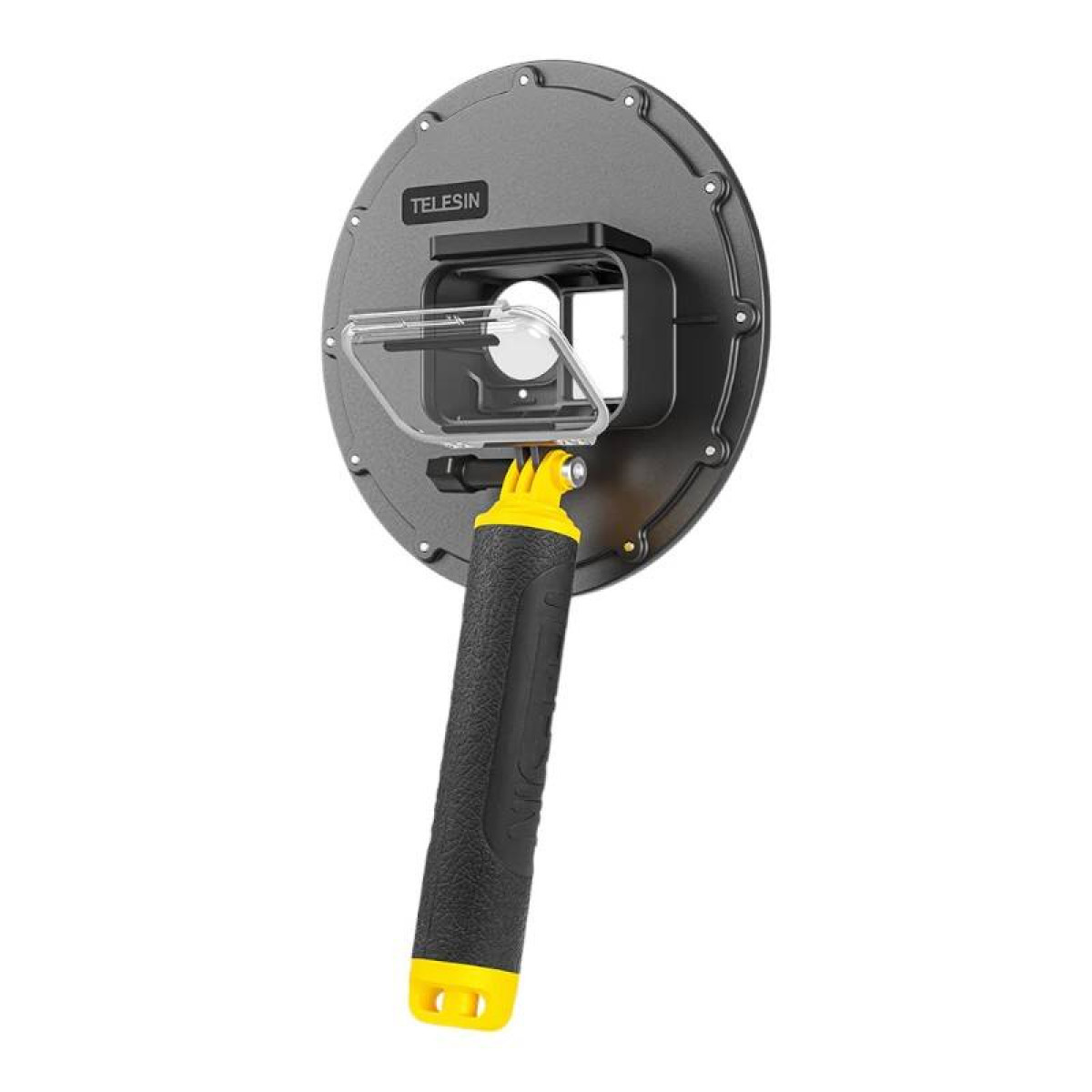 Behuizing voor actiecamera met een gele handgreep. Grijs en helder plastic. Witte achtergrond.