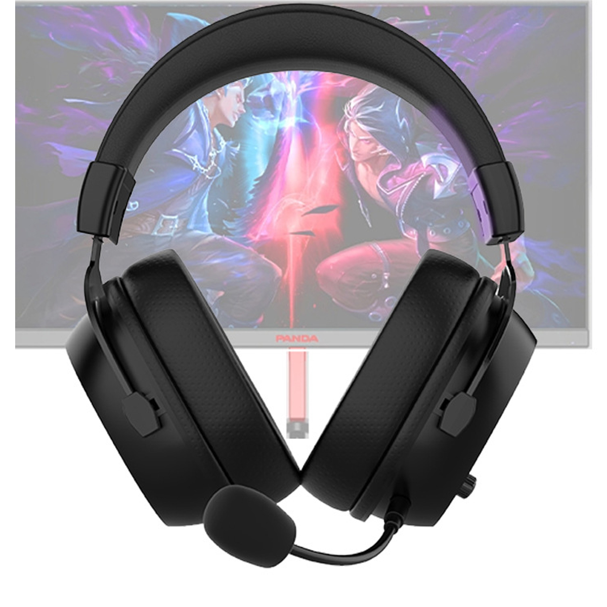 Schwarzes Gaming-Headset vor einem Monitor mit zwei Anime-Charakteren.