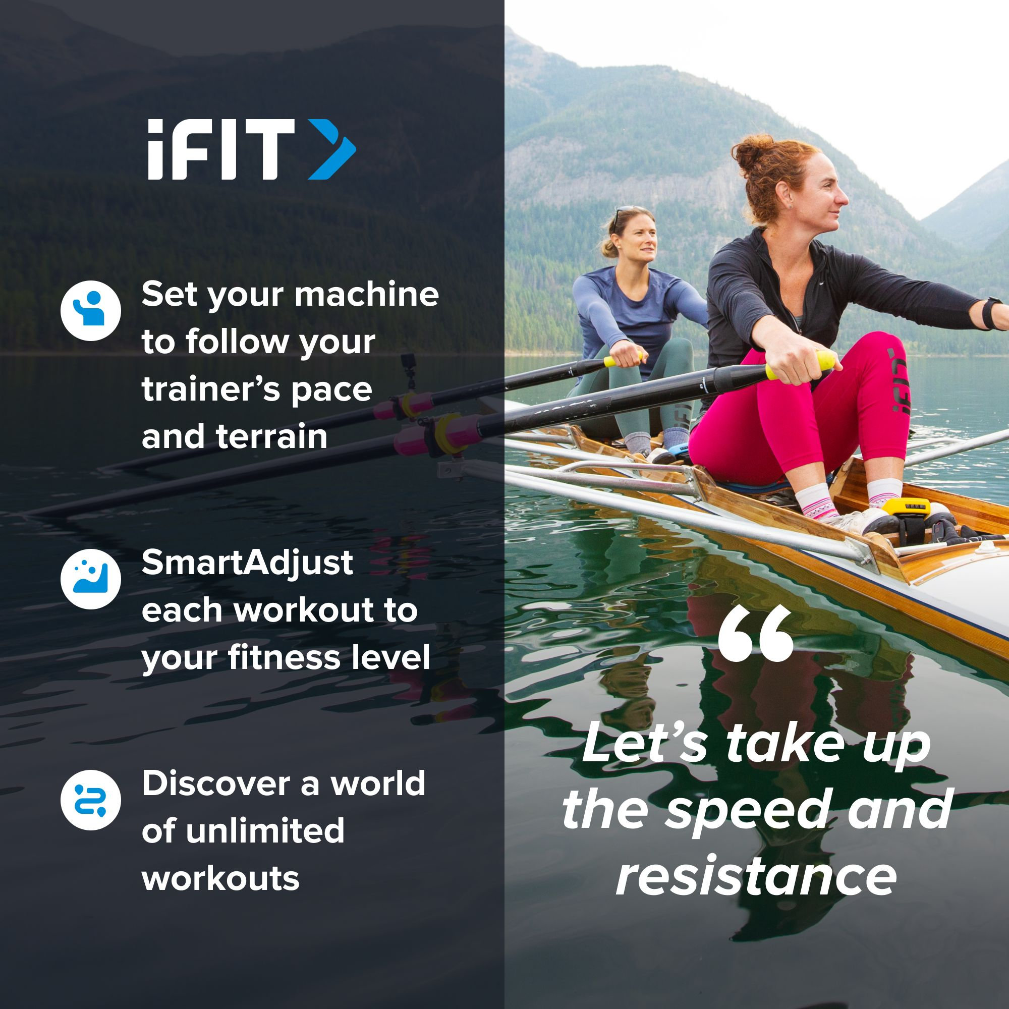 Zwei Frauen rudern in einem Boot auf einem See. Text, der iFIT-Training bewirbt, links.