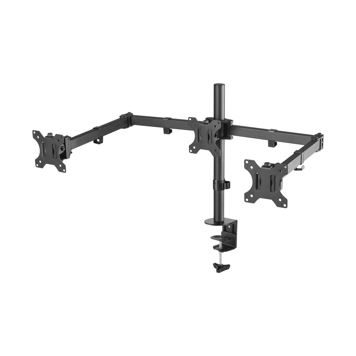 Soporte de monitor negro con tres brazos, sujeto a un escritorio con una abrazadera.