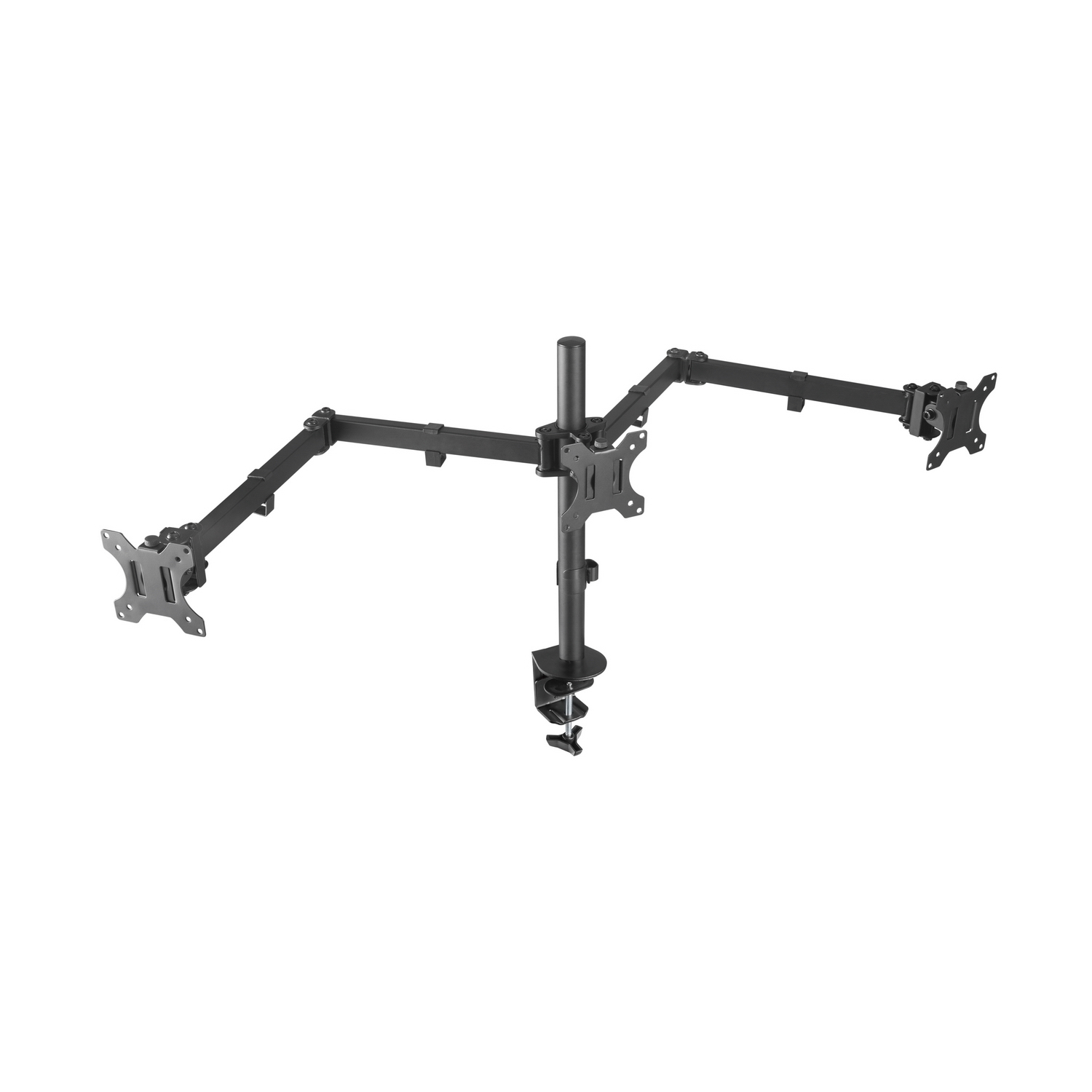 Un brazo triple para monitor negro con tres monitores.