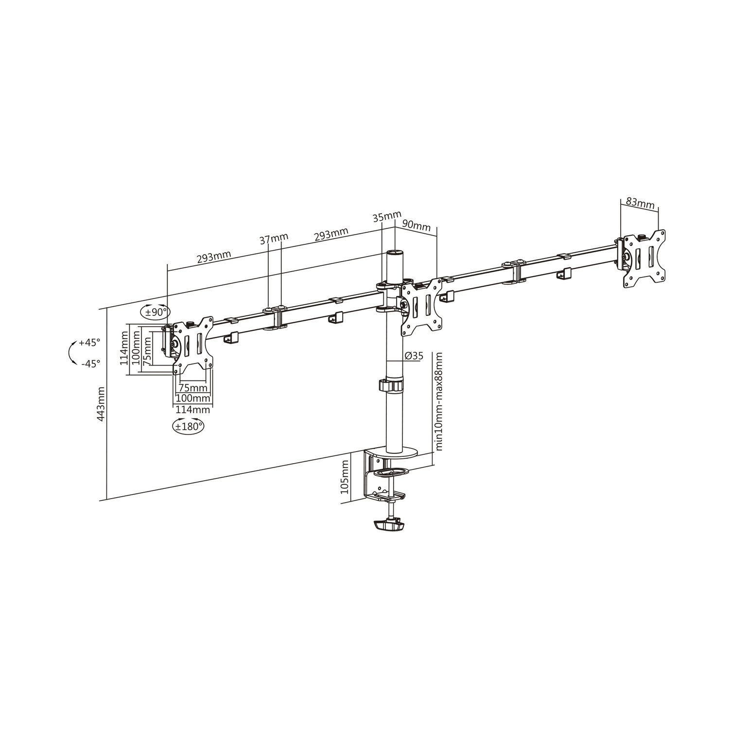 Un diagrama con medidas y dimensiones de un brazo para monitor dual. El fondo es blanco.