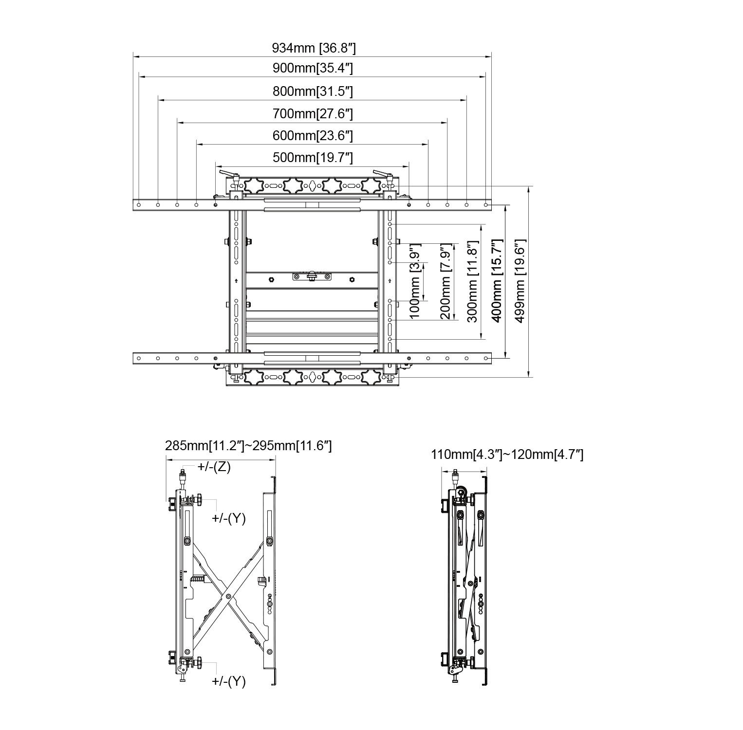 Diagram met afmetingen in mm en inches, voor een projectorlift, zij- en bovenaanzicht.