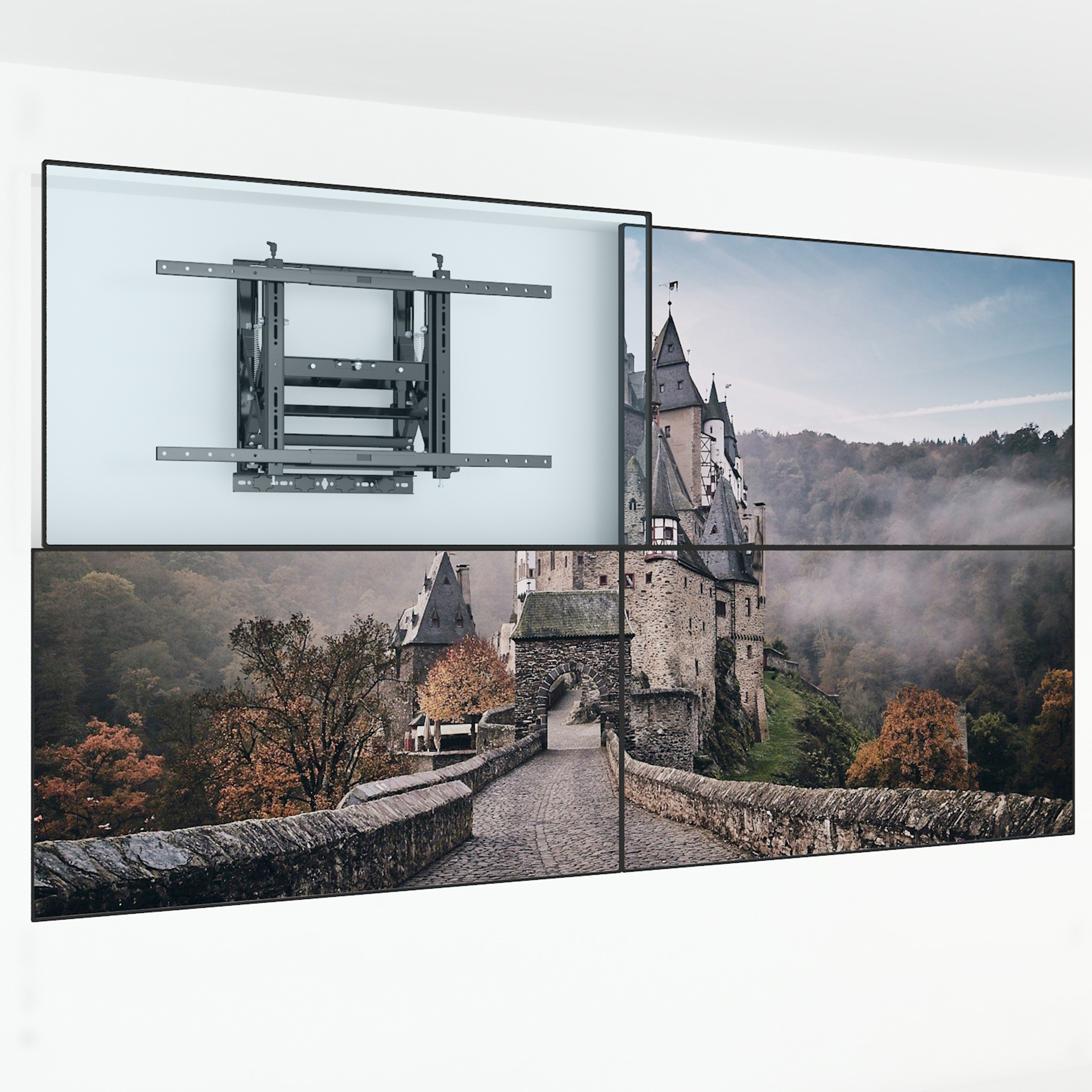 Tv-beugel aan de muur, met kasteelafbeelding op tv's.