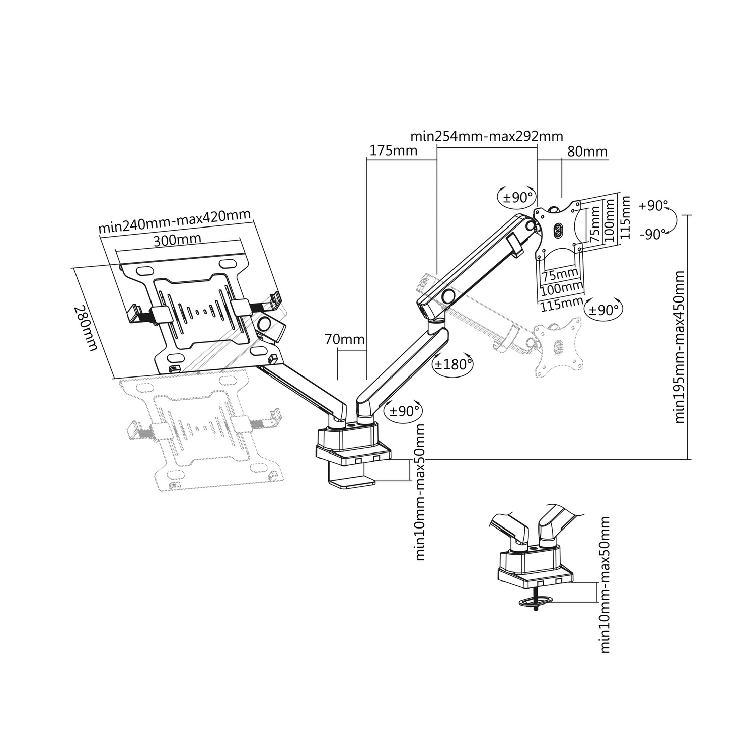 Un brazo para sujetar un portátil y un monitor con dimensiones mostradas en un diagrama.