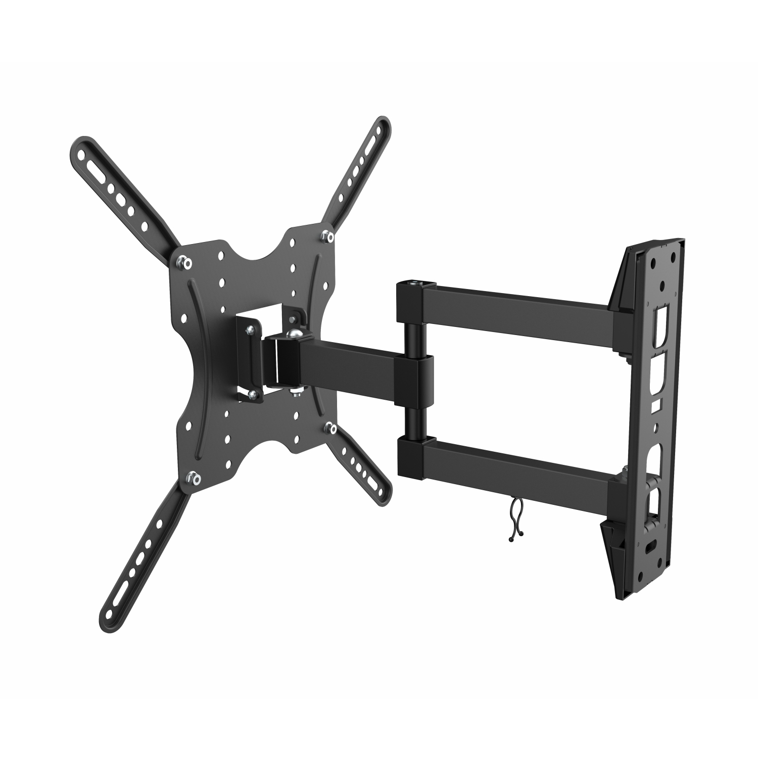 Soporte de TV negro. Brazos ajustables. Para montaje en pared. Fondo blanco.