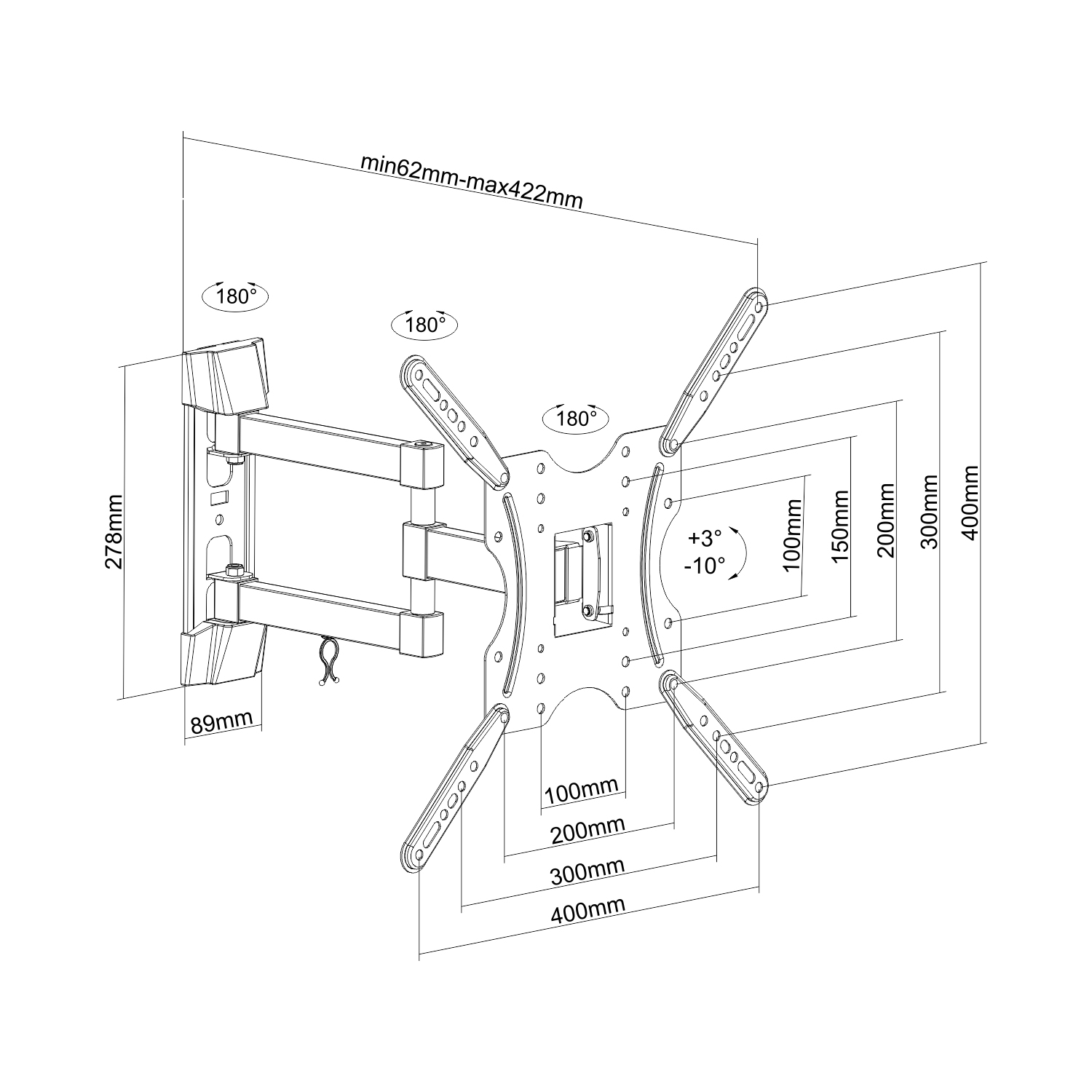 Diagrama de soporte de TV con dimensiones y ángulos.
