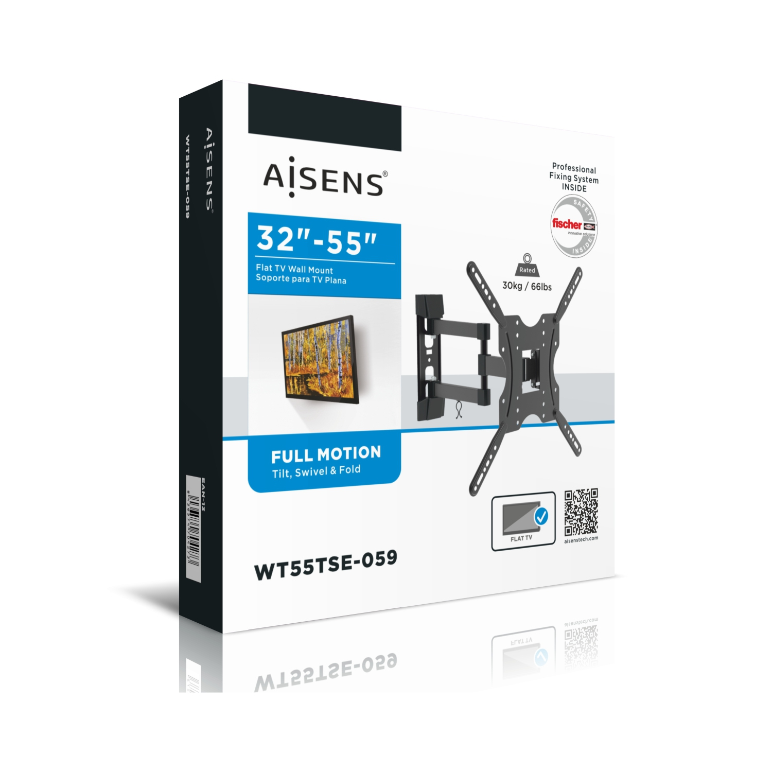 Caja de un soporte de pared para TV. Es en blanco y negro con detalles del producto y una imagen.