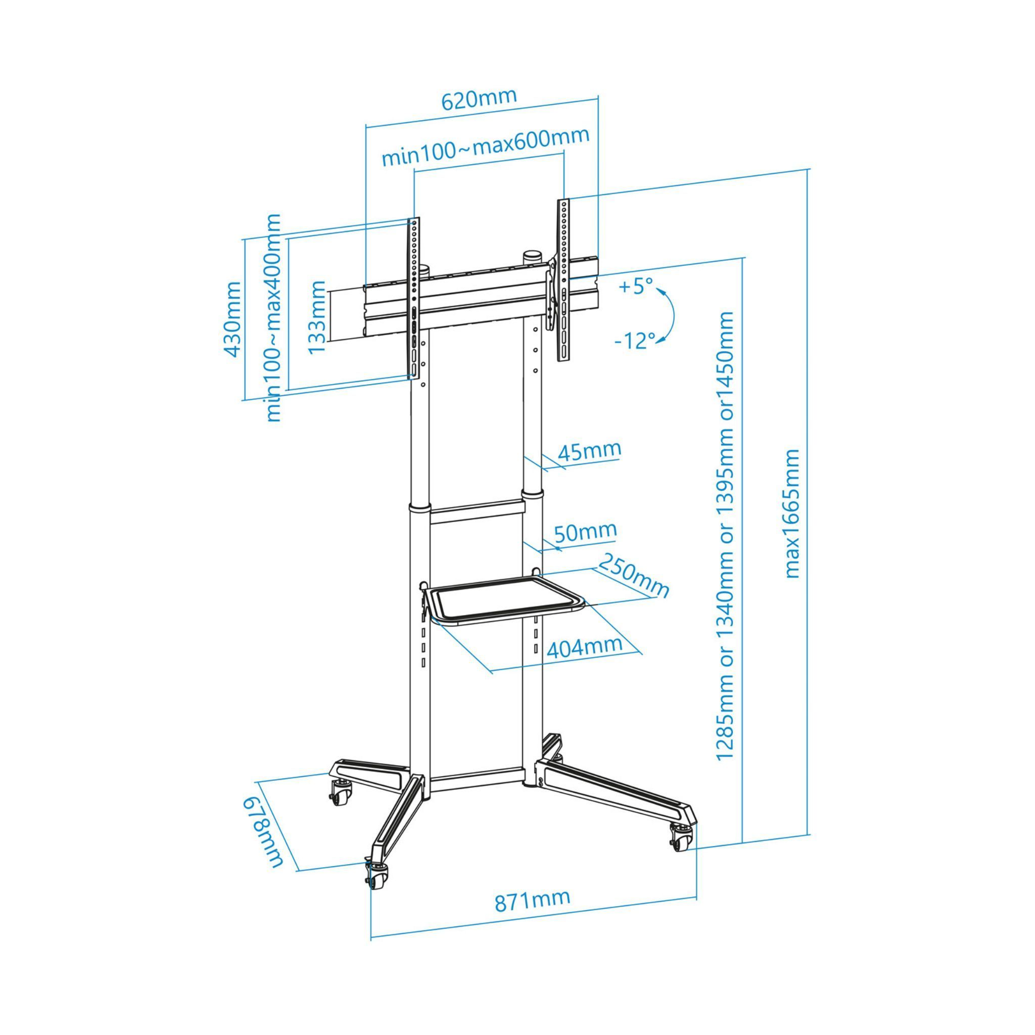 Disegno tecnico di un supporto TV con dimensioni e angoli in mm.