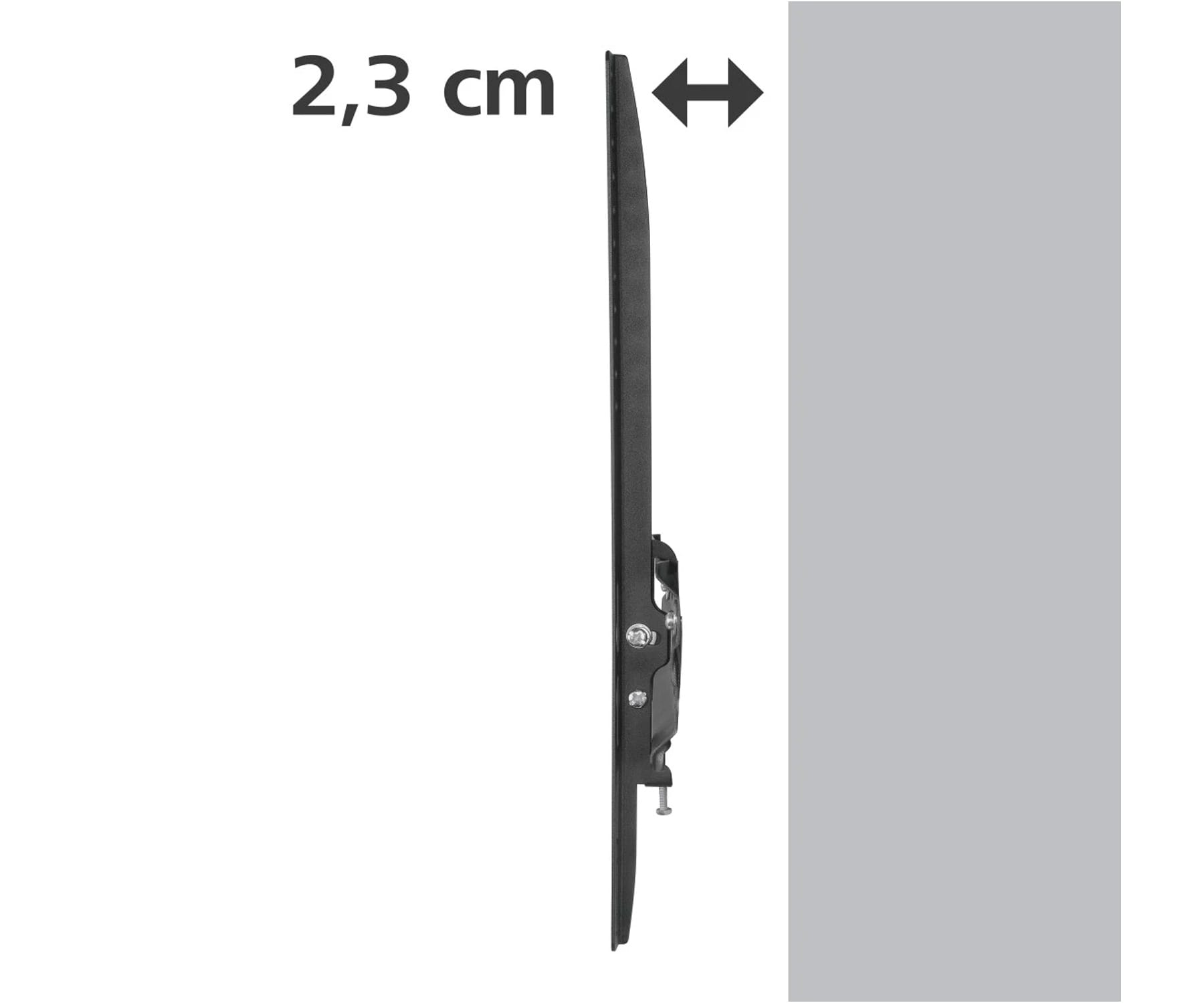 Vista laterale di una TV montata con profondità di 2,3 cm su sfondo grigio.