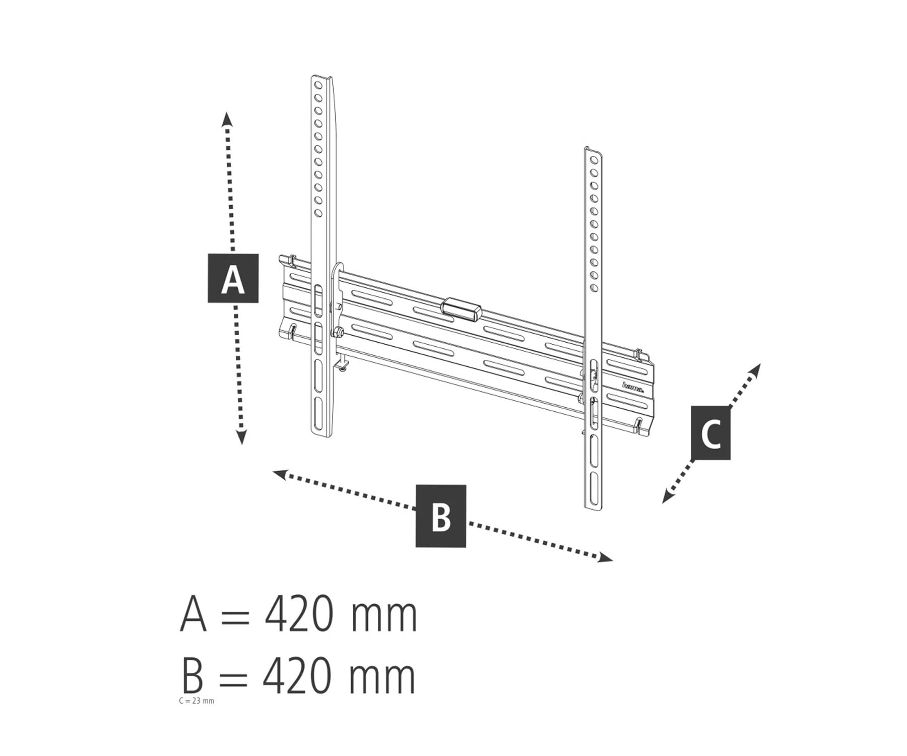 Un supporto a parete per TV, con dimensioni A, B e C etichettate.