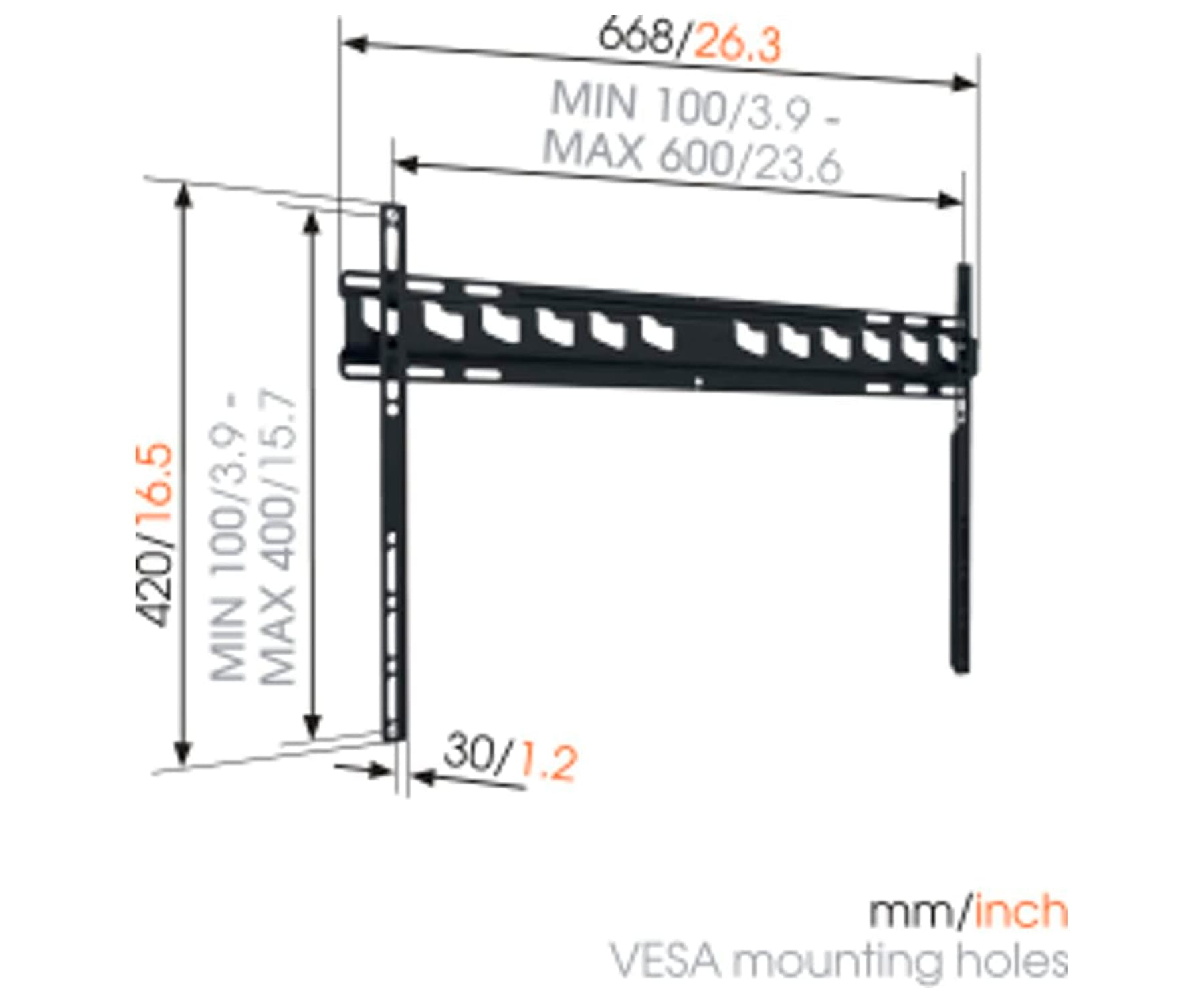 Diagrama que muestra dimensiones y medidas para orificios de montaje VESA.