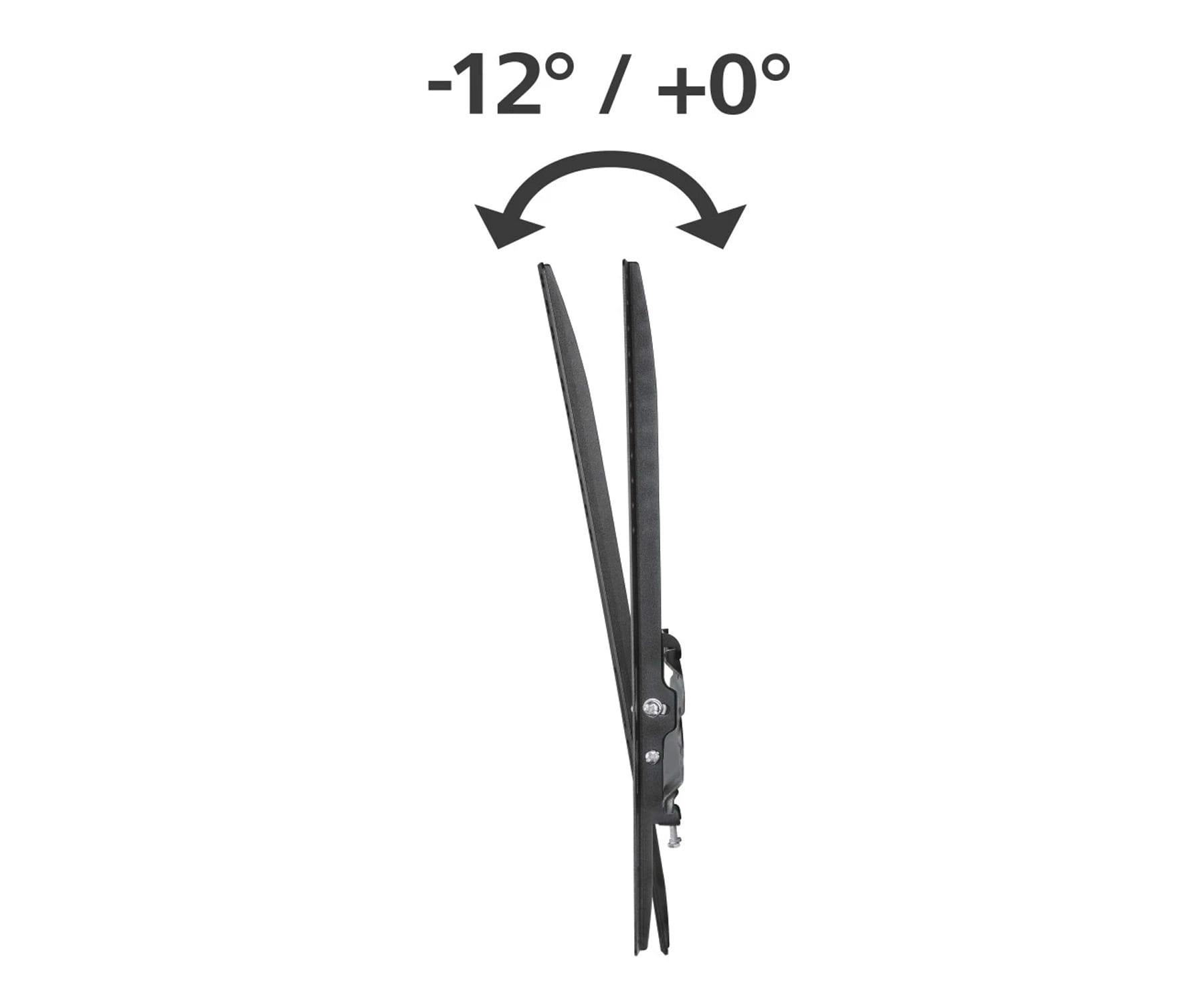 Soporte de TV negro con flecha que indica -12° / +0°. Fondo blanco.