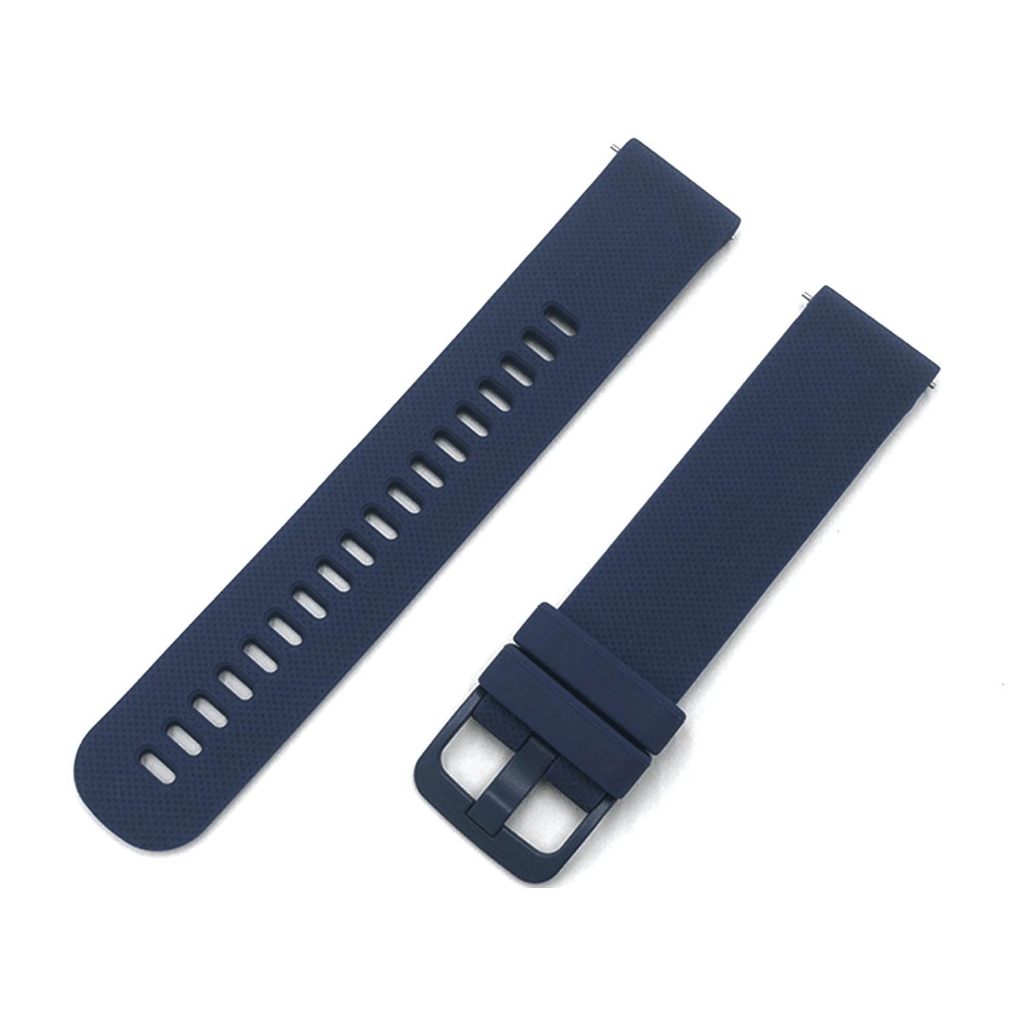 Zwei marineblaue Uhrenarmbänder. Eines mit Löchern, eines mit Schnalle.