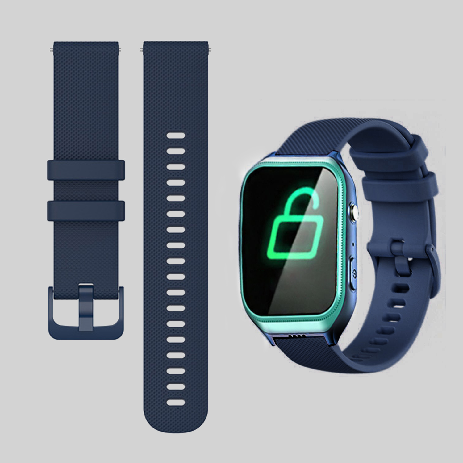 Smartwatch mit blauem Armband und zusätzlichem Armband. Die Uhr zeigt ein Schloss-Symbol auf dem Bildschirm.