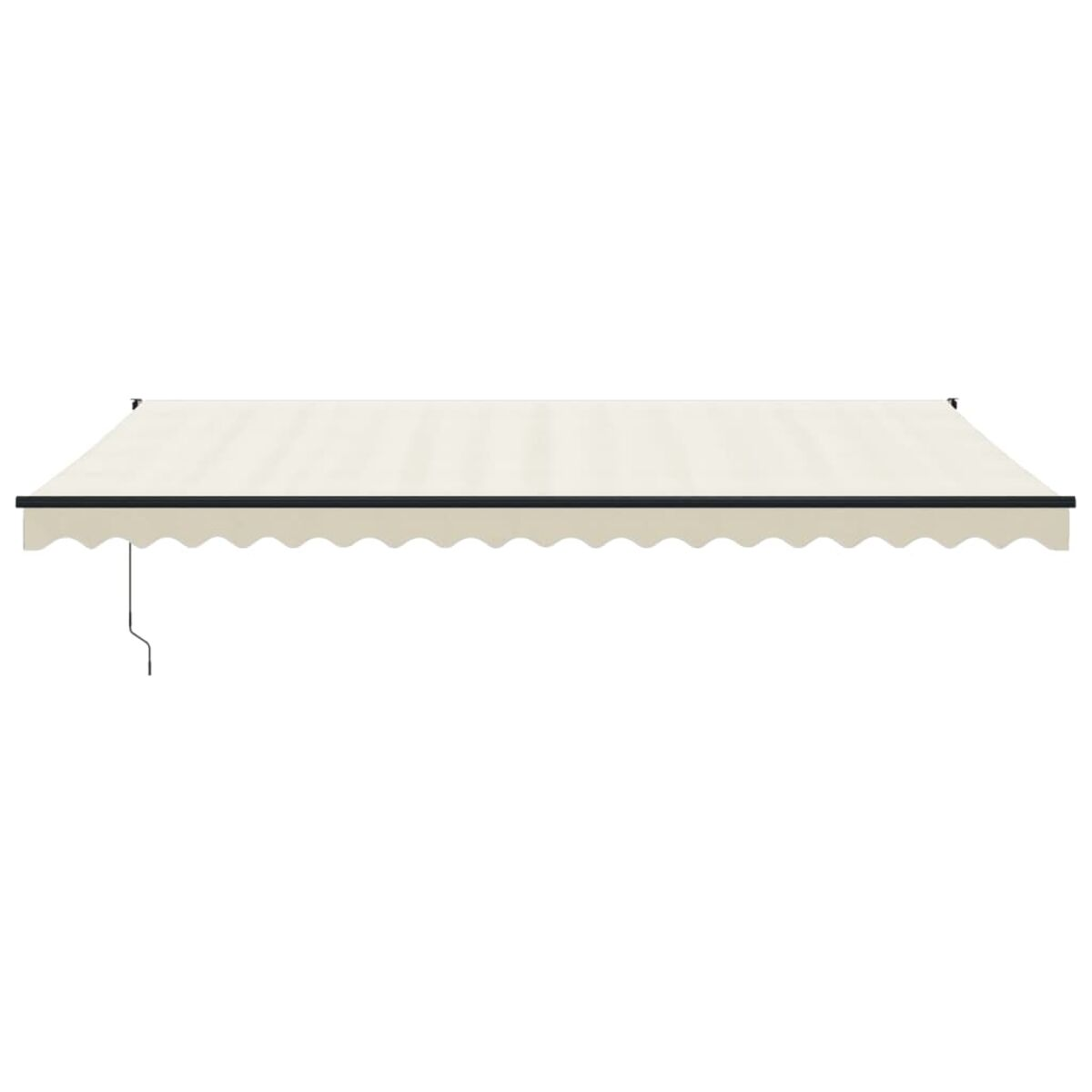 Beige Markise, ausgefahren. Schwarze Zierleiste und eine Aufhängeschnur. Der Hintergrund ist weiß.