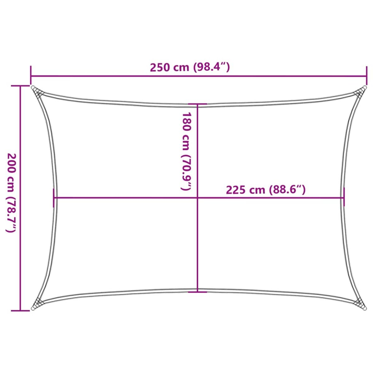 Tenda parasole rettangolare con dimensioni: 250 cm x 200 cm. Misure in cm e pollici.