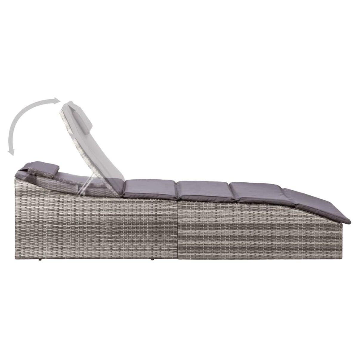 Eine graue Outdoor-Chaiselongue mit verstellbarer Rückenlehne, Seitenansicht.