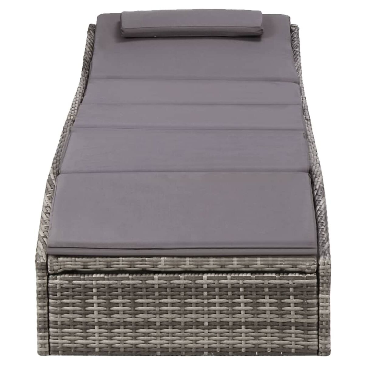 Graue Outdoor-Chaiselongue aus Korbgeflecht mit Kopfstütze.