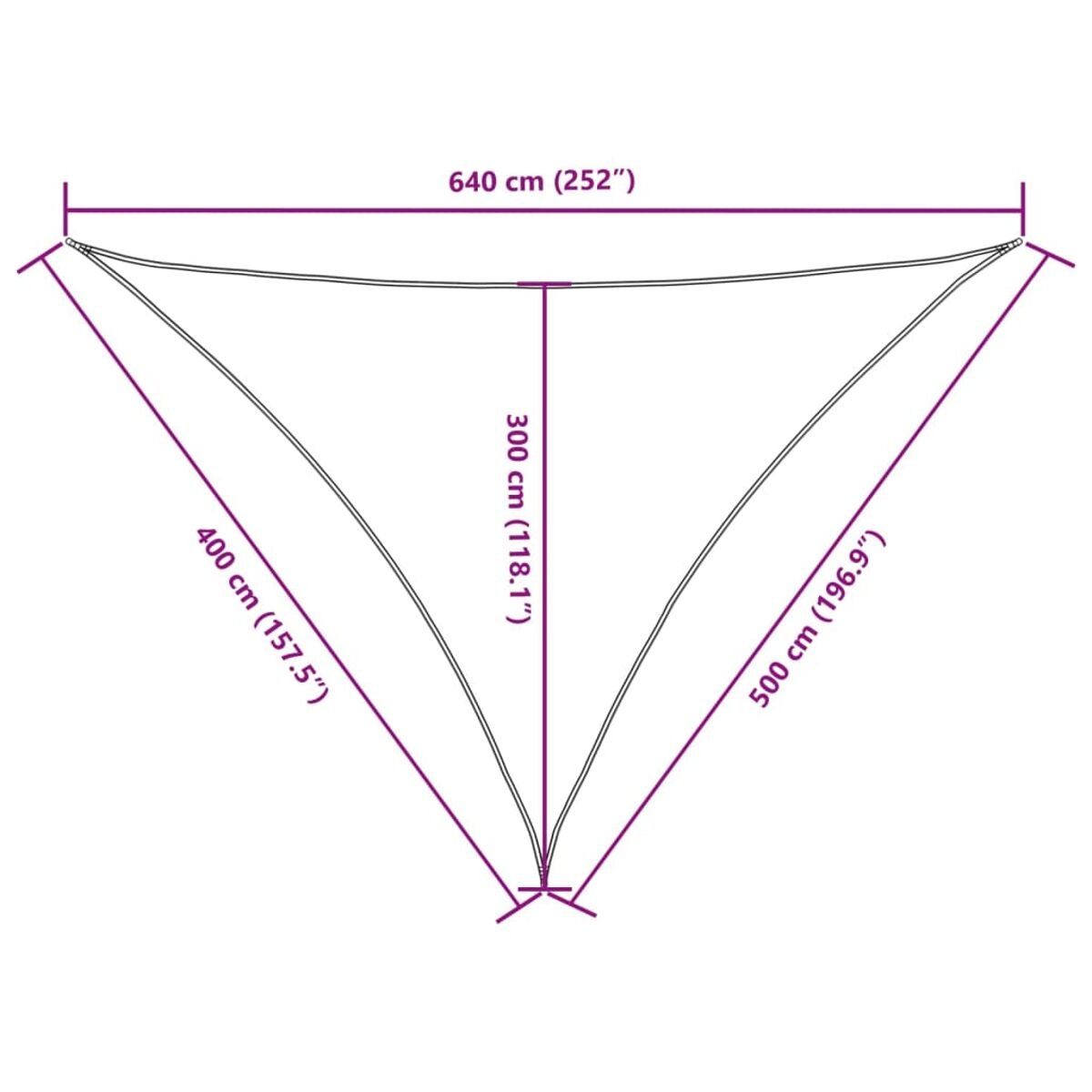 Uno sfondo bianco con un diagramma di un parasole triangolare con dimensioni in centimetri.