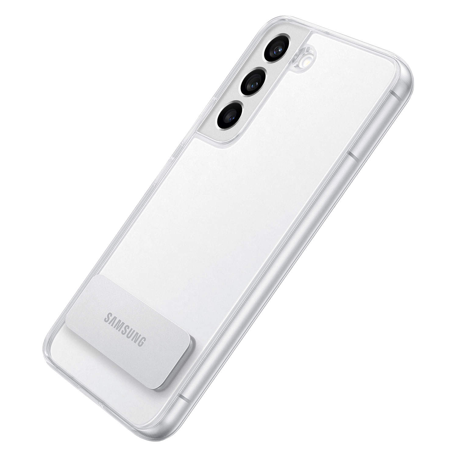 Un telefono Samsung bianco in una custodia trasparente. Il telefono ha tre fotocamere e un supporto bianco.