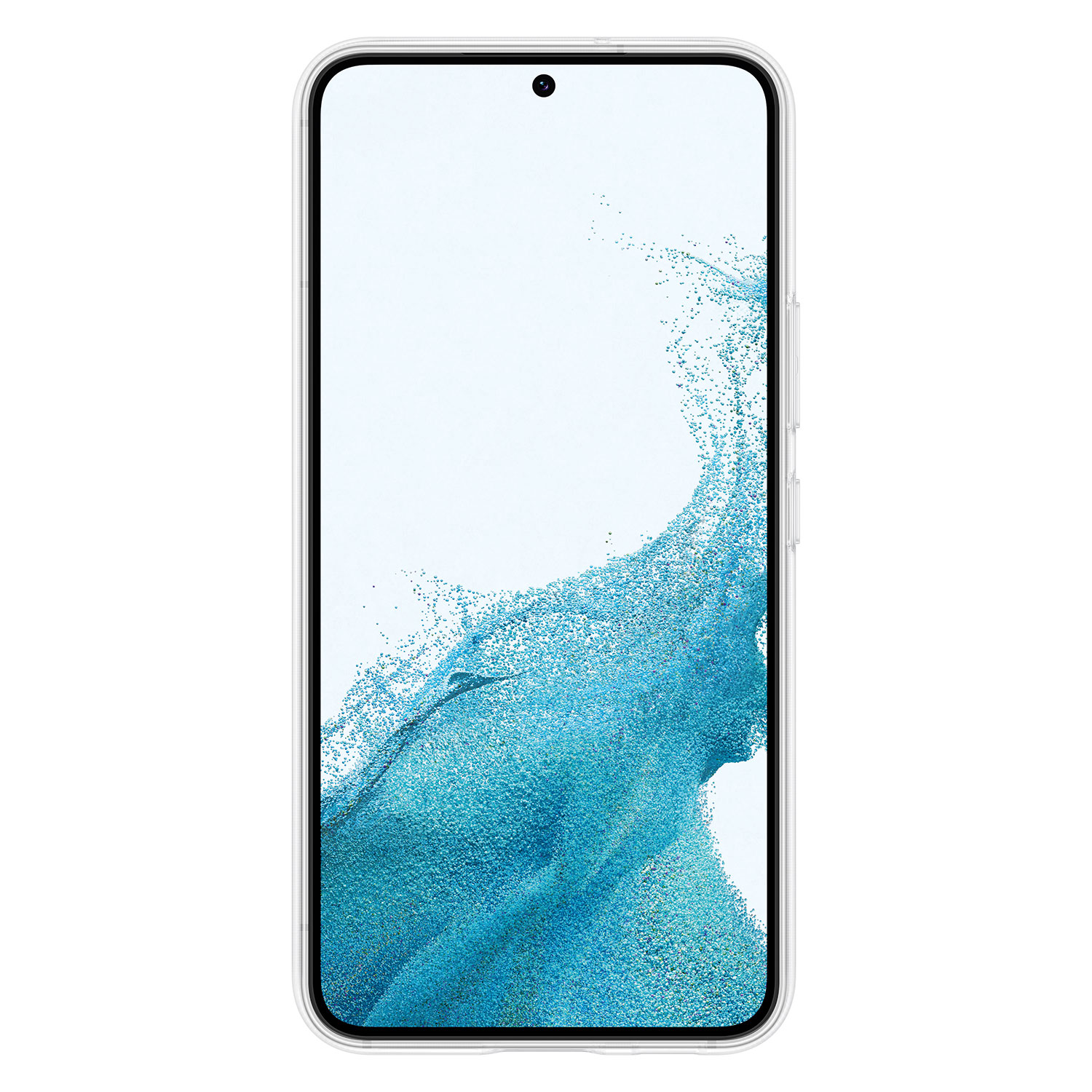 Uno smartphone con uno schermo che mostra un motivo blu. Il telefono è in una custodia trasparente.