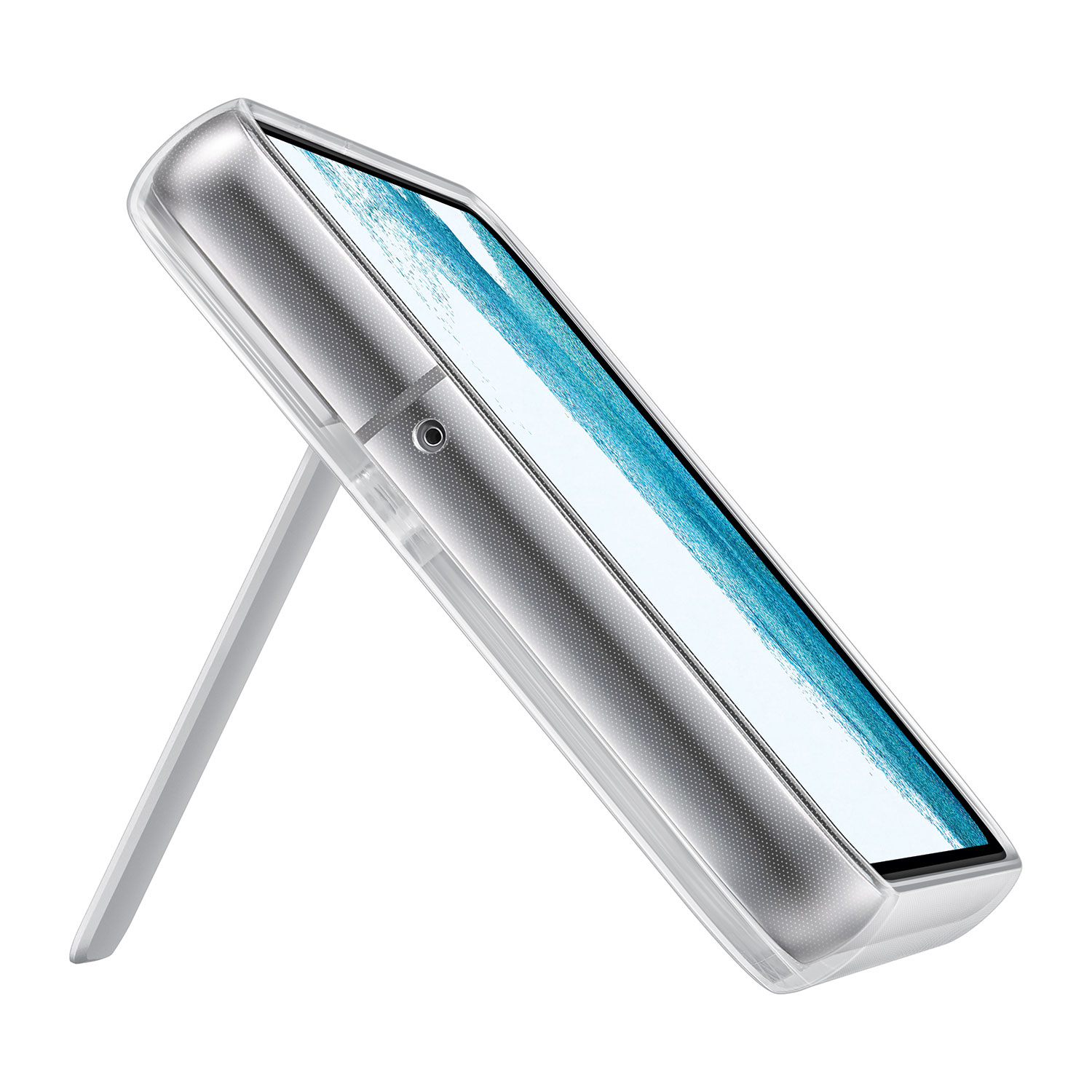 Tablet argentato con supporto. Lo schermo mostra una sfumatura blu-bianca. Isolato su bianco.