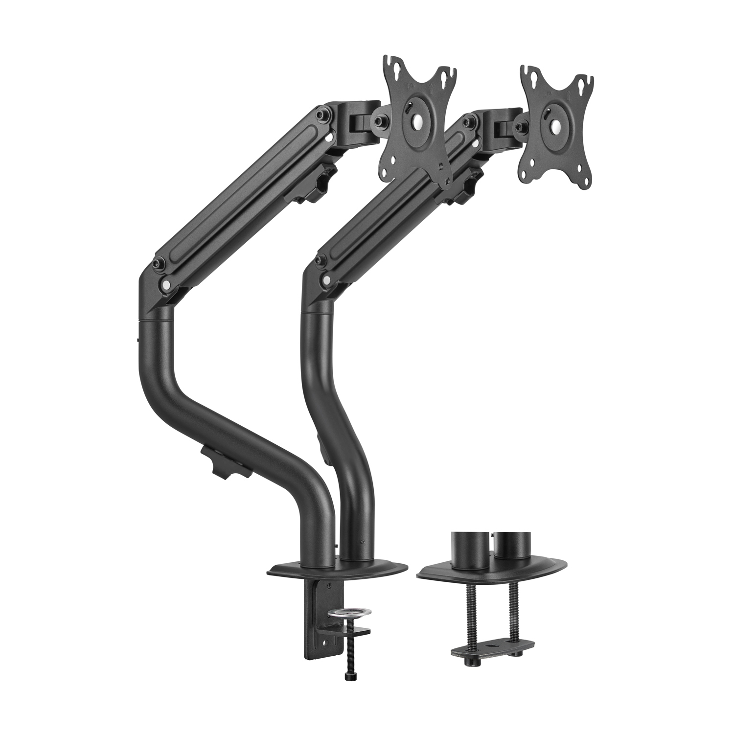Dwa ramiona do monitora. Czarny kolor, podstawa z zaciskiem biurkowym. Białe tło.