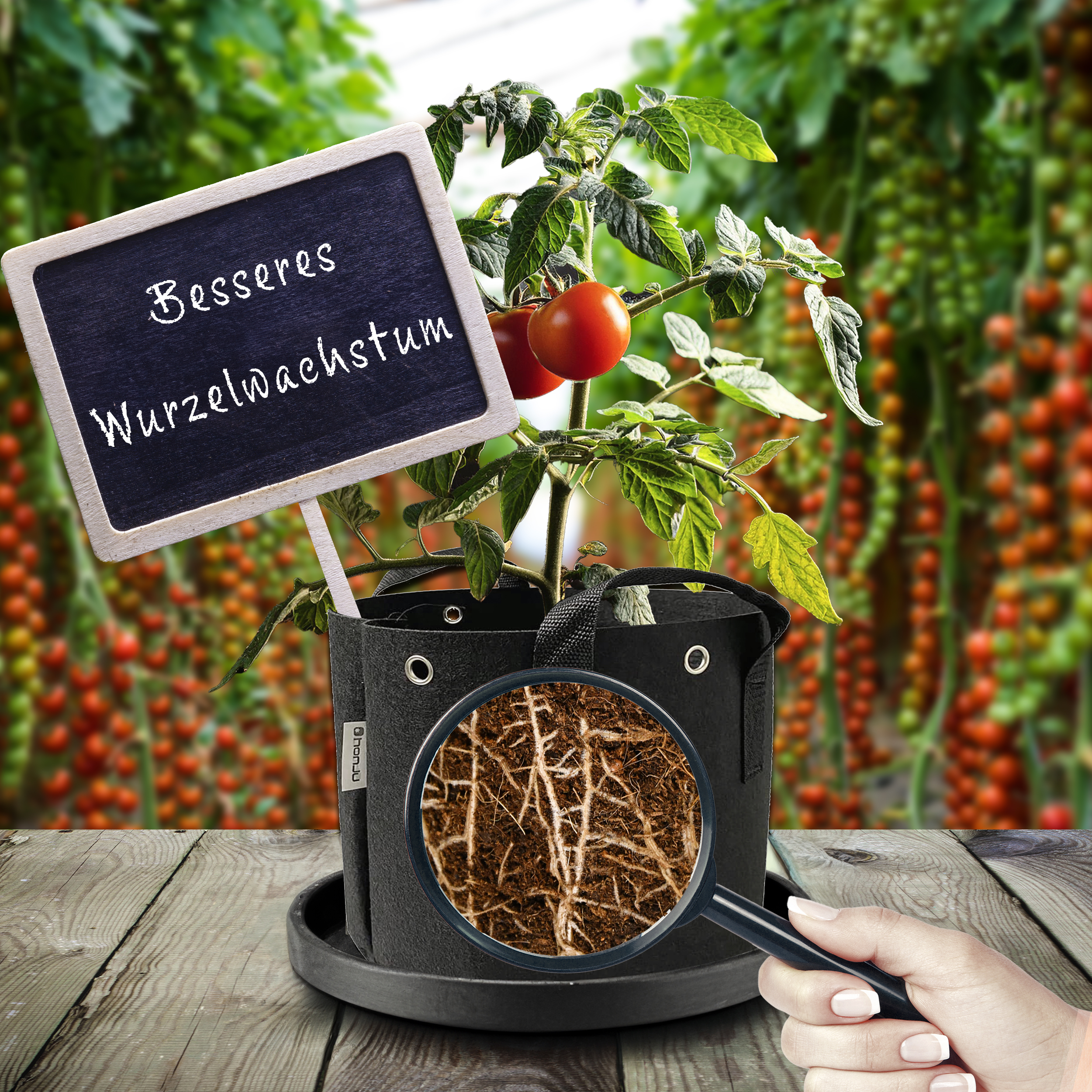Tomatenpflanze in einem schwarzen Topf, mit einer Lupe über den Wurzeln. Text auf Schild: Besseres Wurzelwachstum.