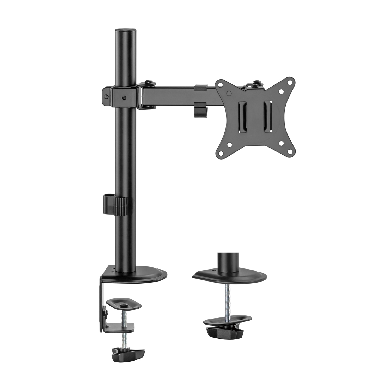 Un soporte de monitor negro con un solo brazo y una abrazadera para montaje en escritorio.