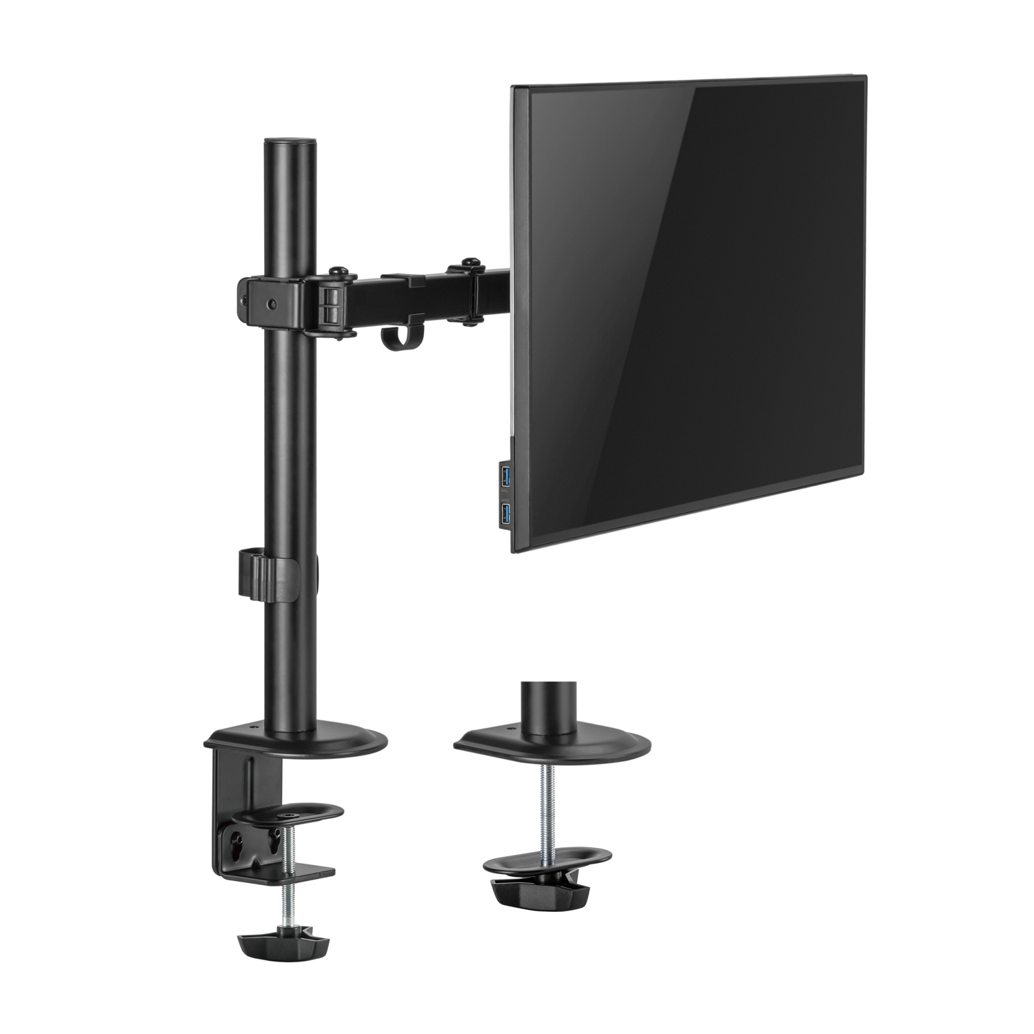 Soporte de monitor negro con monitor, ajustable, diseño de abrazadera, fondo blanco.
