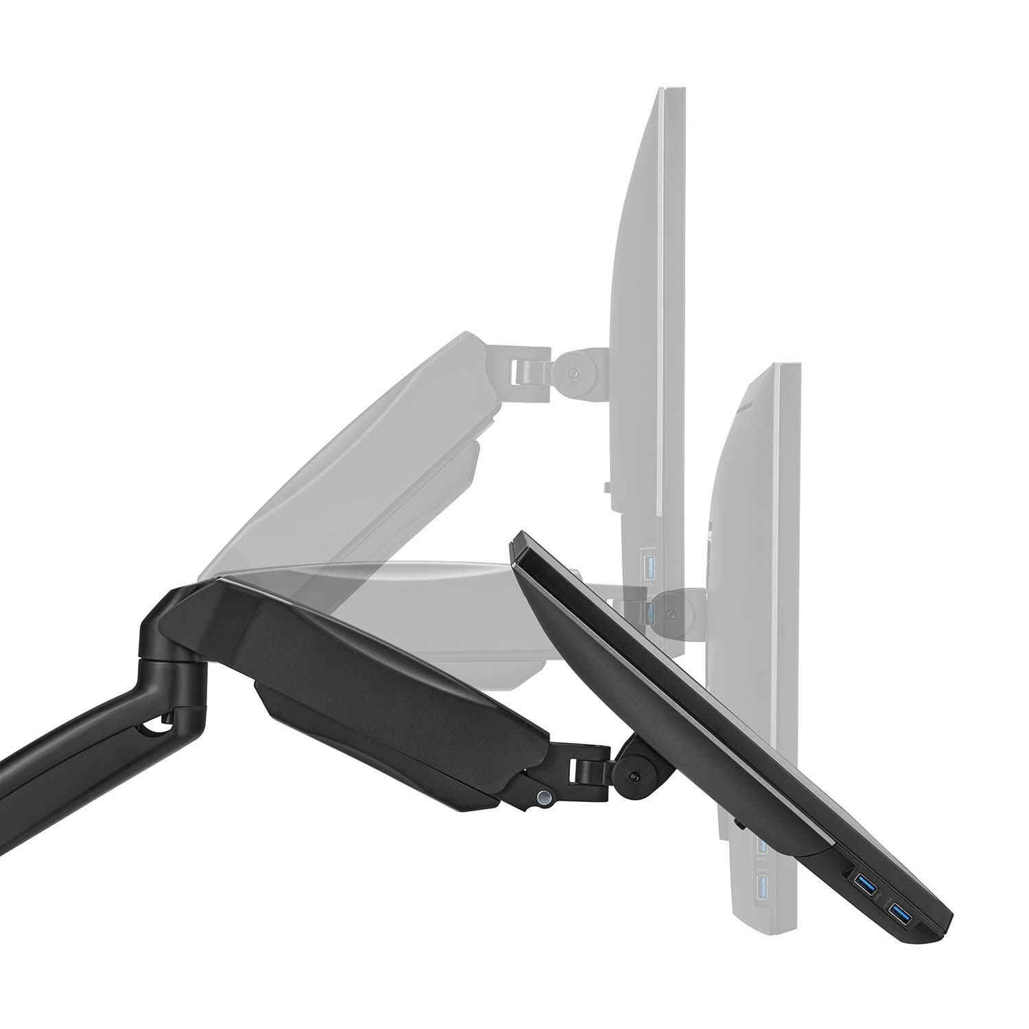 Un brazo de monitor que sostiene un monitor, con un fondo blanco.