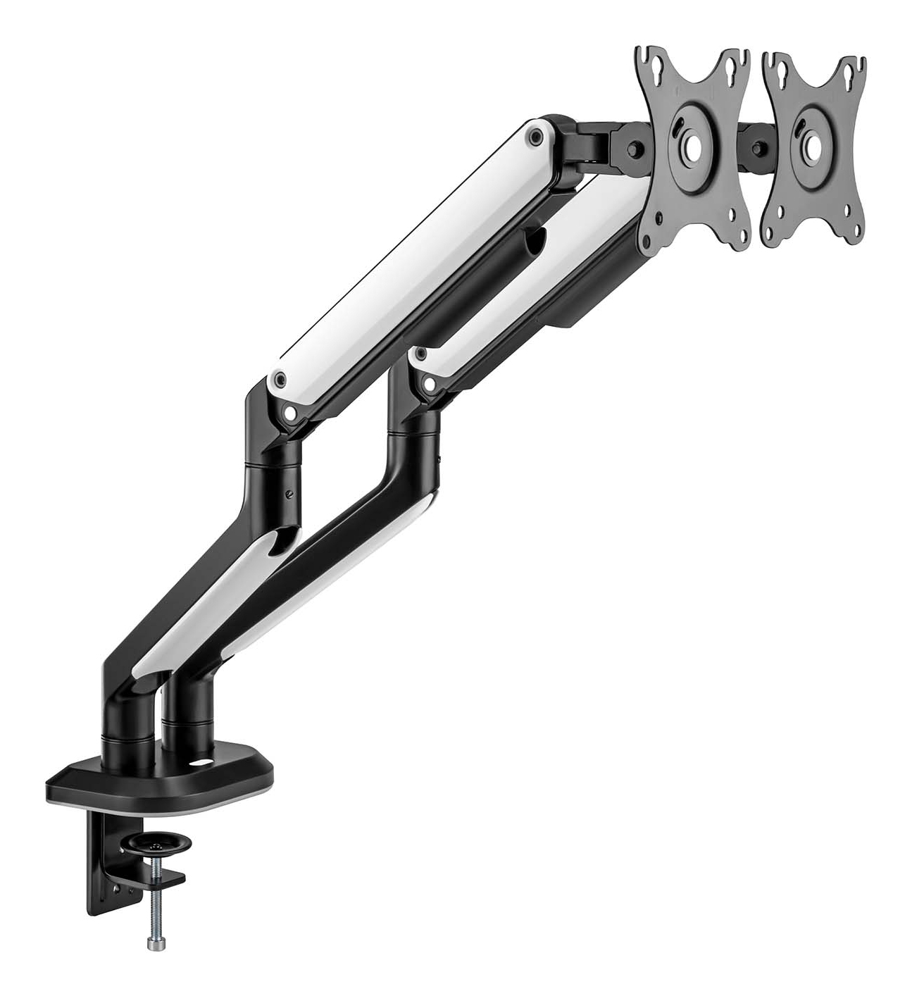 Un soporte de brazo para monitor dual, de color blanco y negro, con dos soportes para monitores.